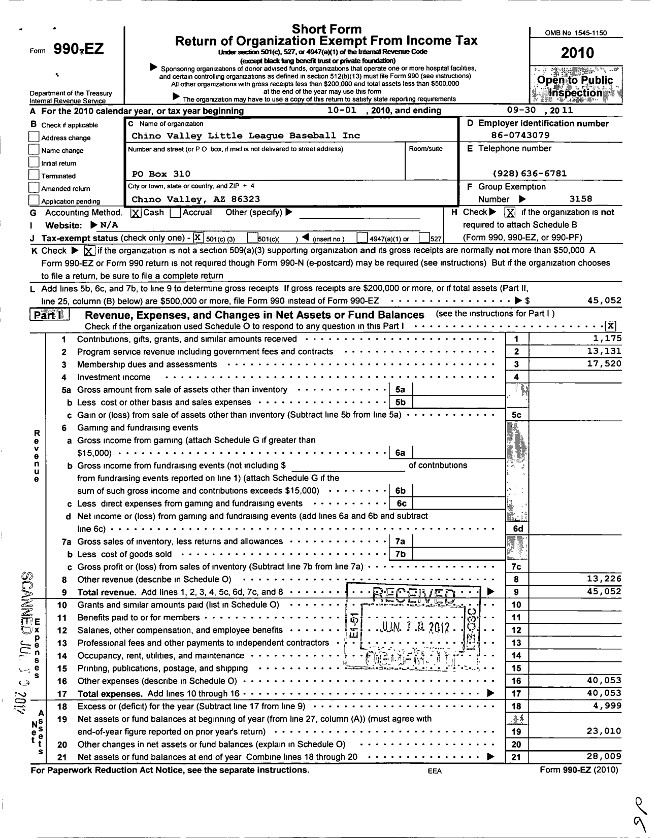 Image of first page of 2010 Form 990EZ for Chino Valley Little League Baseball