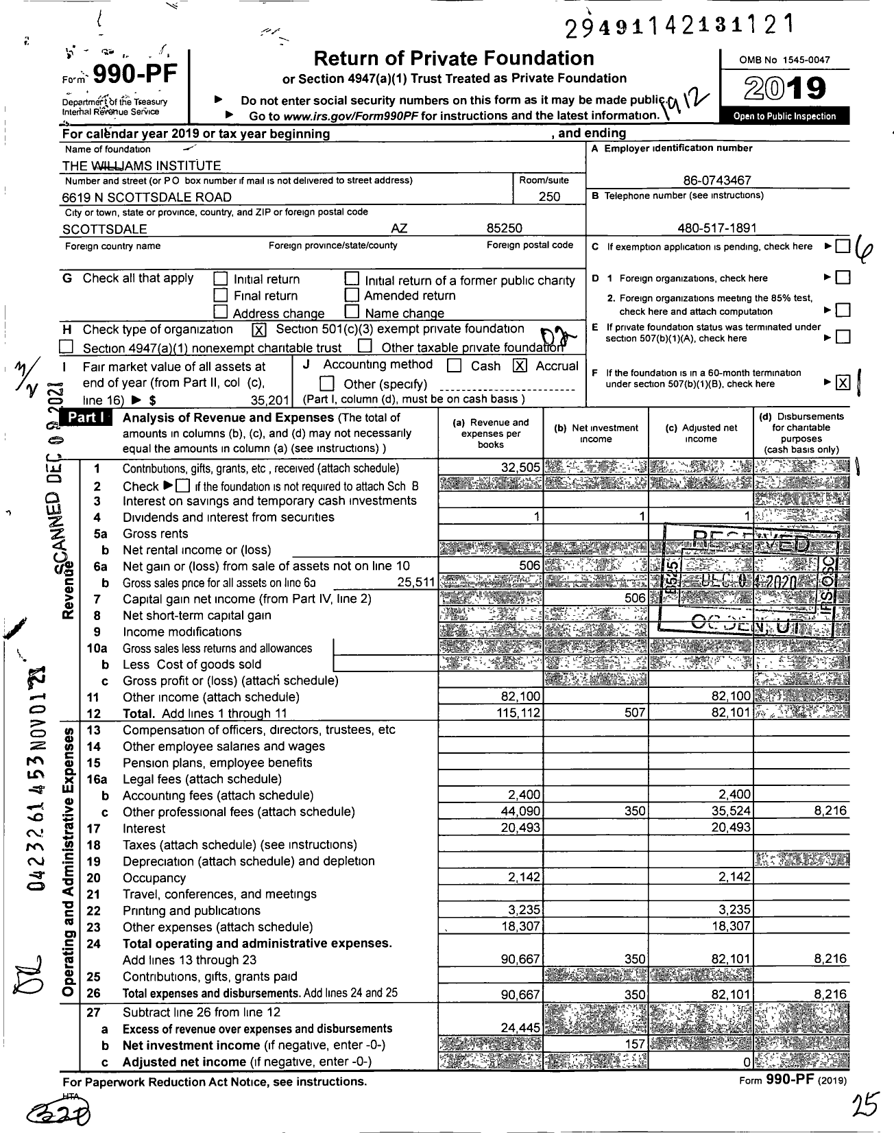 Image of first page of 2019 Form 990PF for The Williams Institute