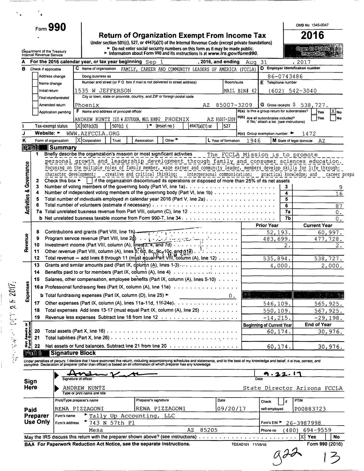 Image of first page of 2016 Form 990 for Family Career and Community Leaders of America / Az Association