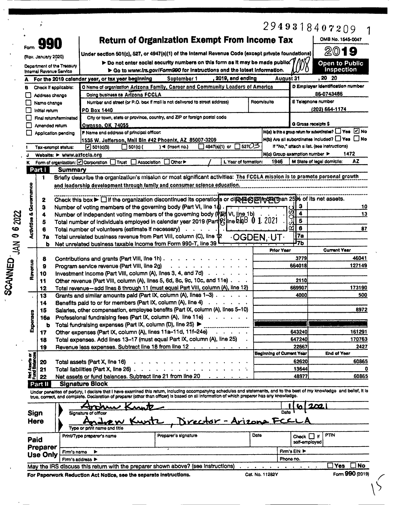 Image of first page of 2019 Form 990 for Family Career and Community Leaders of America / Az Association