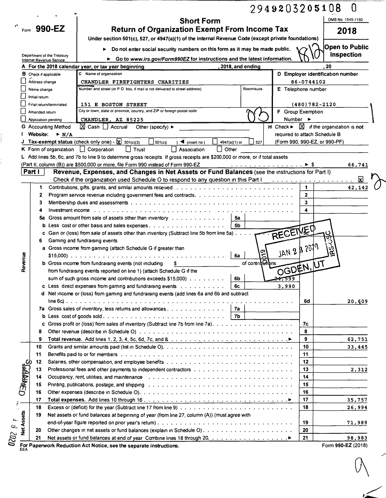 Image of first page of 2018 Form 990EZ for Chandler Firefighters Charities