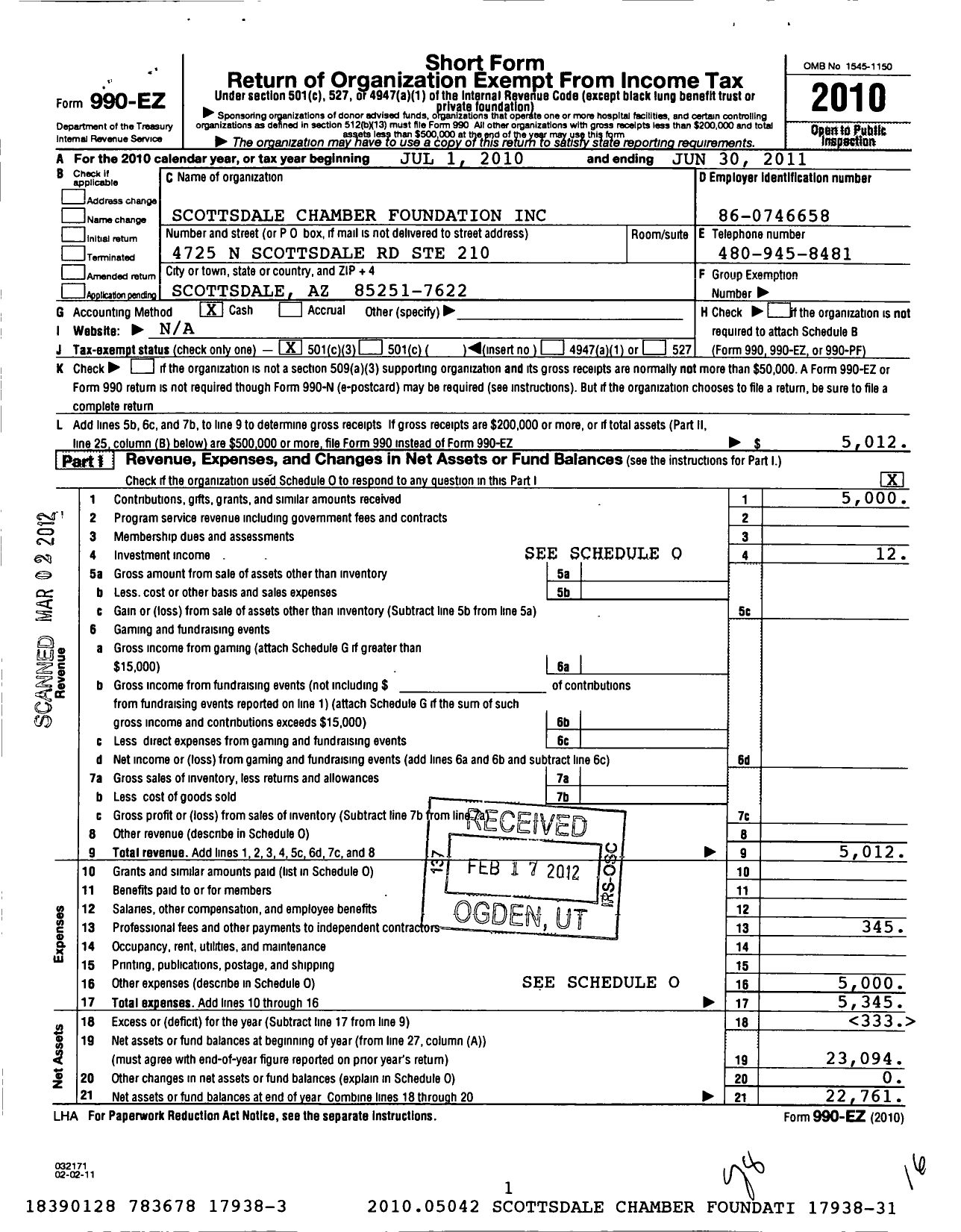 Image of first page of 2010 Form 990EZ for Scottsdale Chamber Foundation