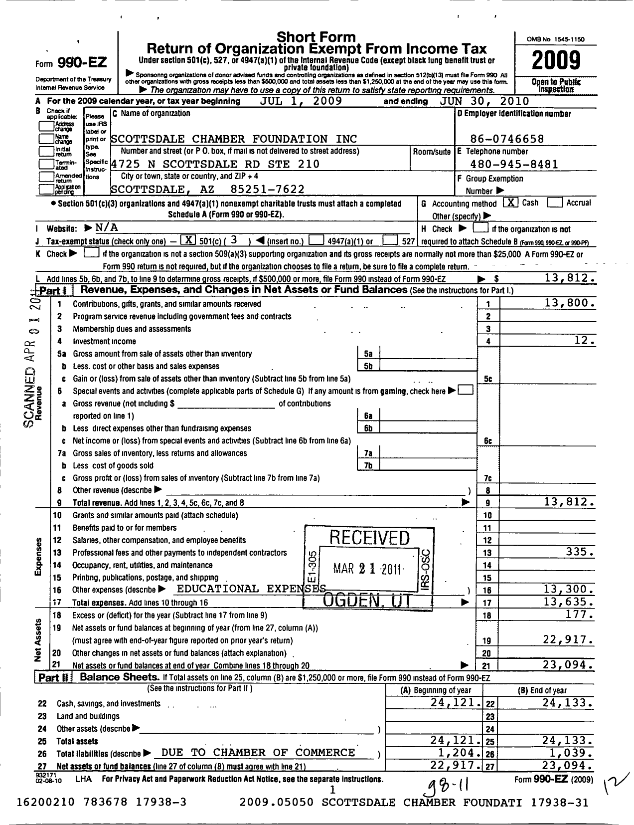 Image of first page of 2009 Form 990EZ for Scottsdale Chamber Foundation