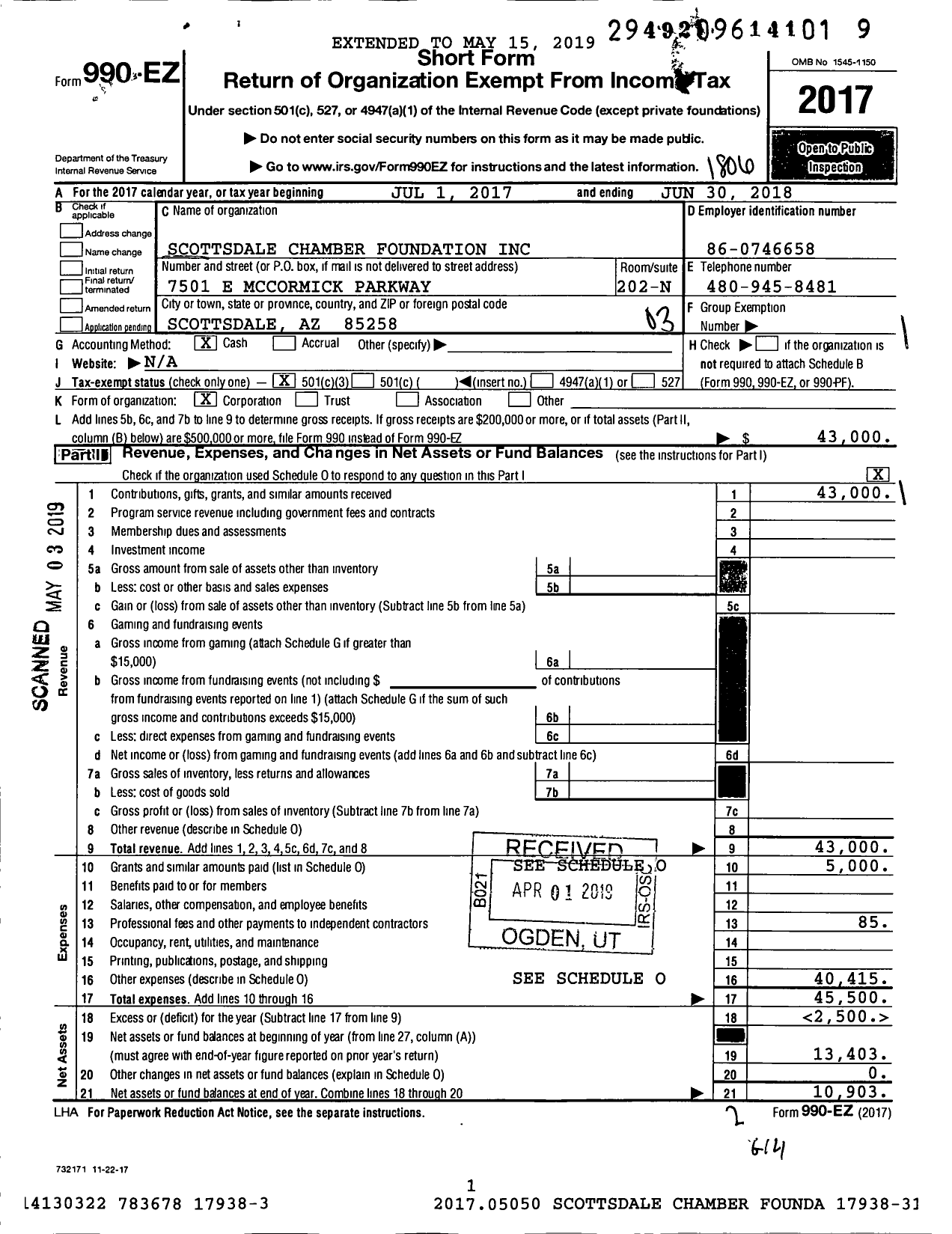 Image of first page of 2017 Form 990EZ for Scottsdale Chamber Foundation