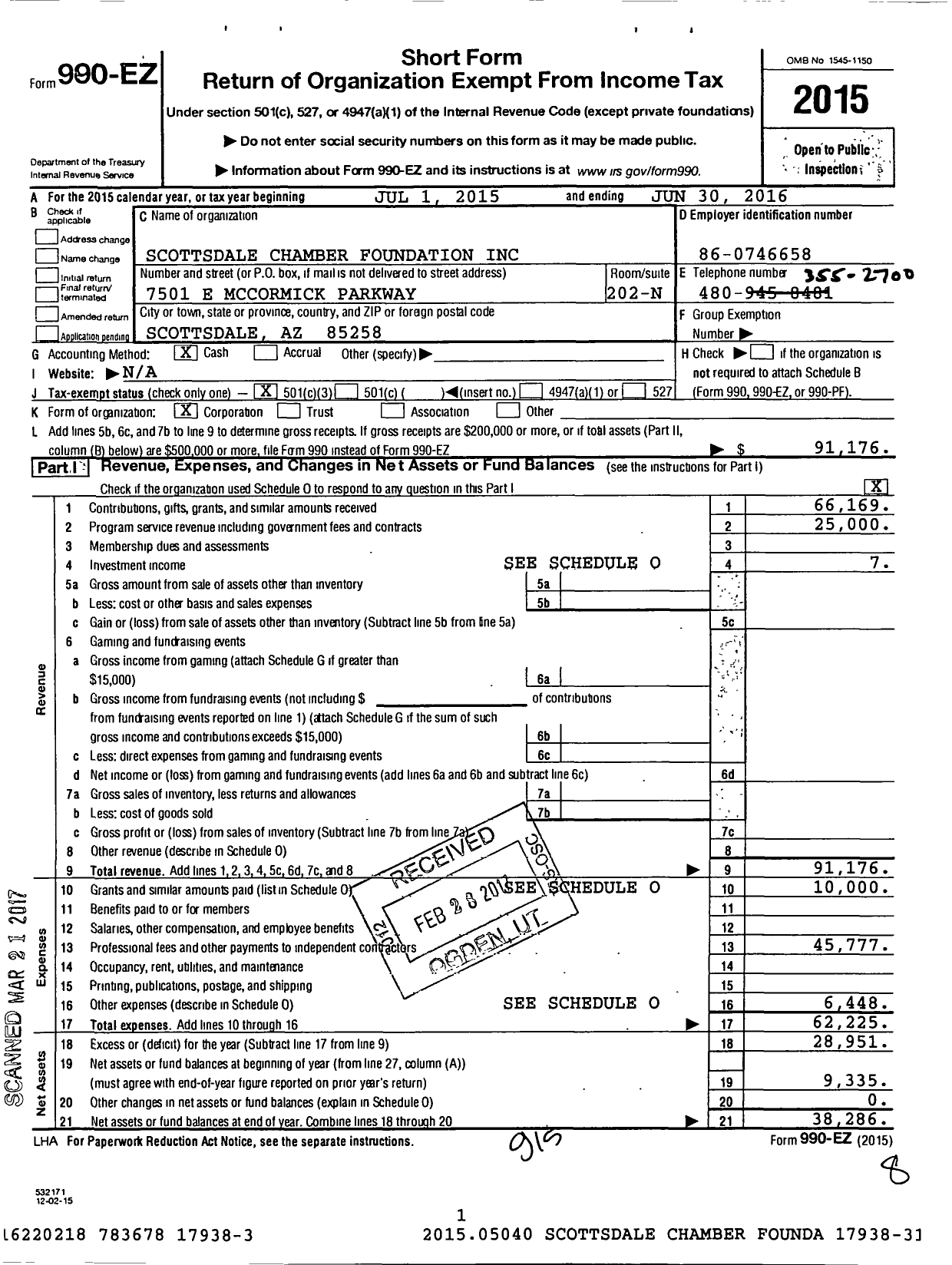 Image of first page of 2015 Form 990EZ for Scottsdale Chamber Foundation