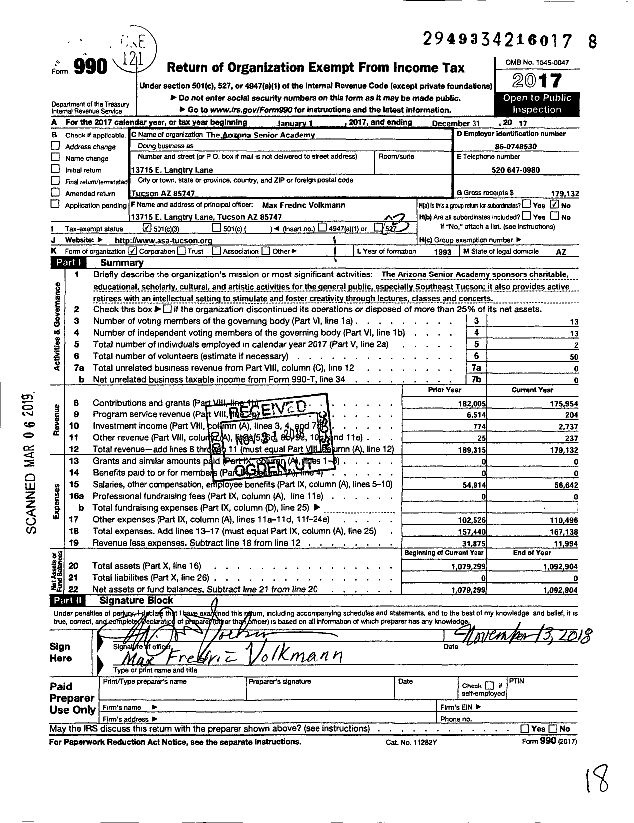 Image of first page of 2017 Form 990 for The Arizona Senior Academy