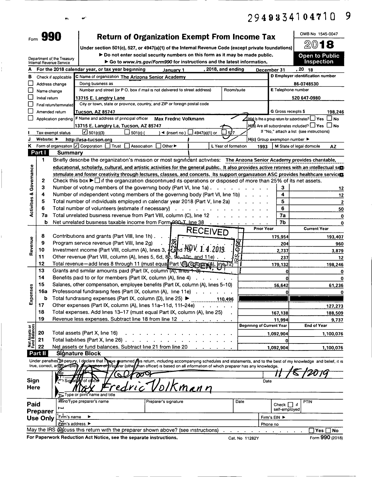 Image of first page of 2018 Form 990 for The Arizona Senior Academy