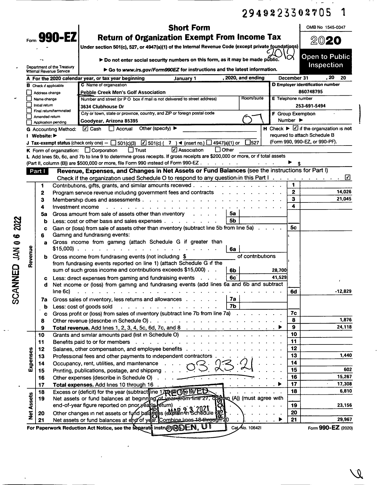 Image of first page of 2020 Form 990EO for Pebblecreek Mens Golf Association