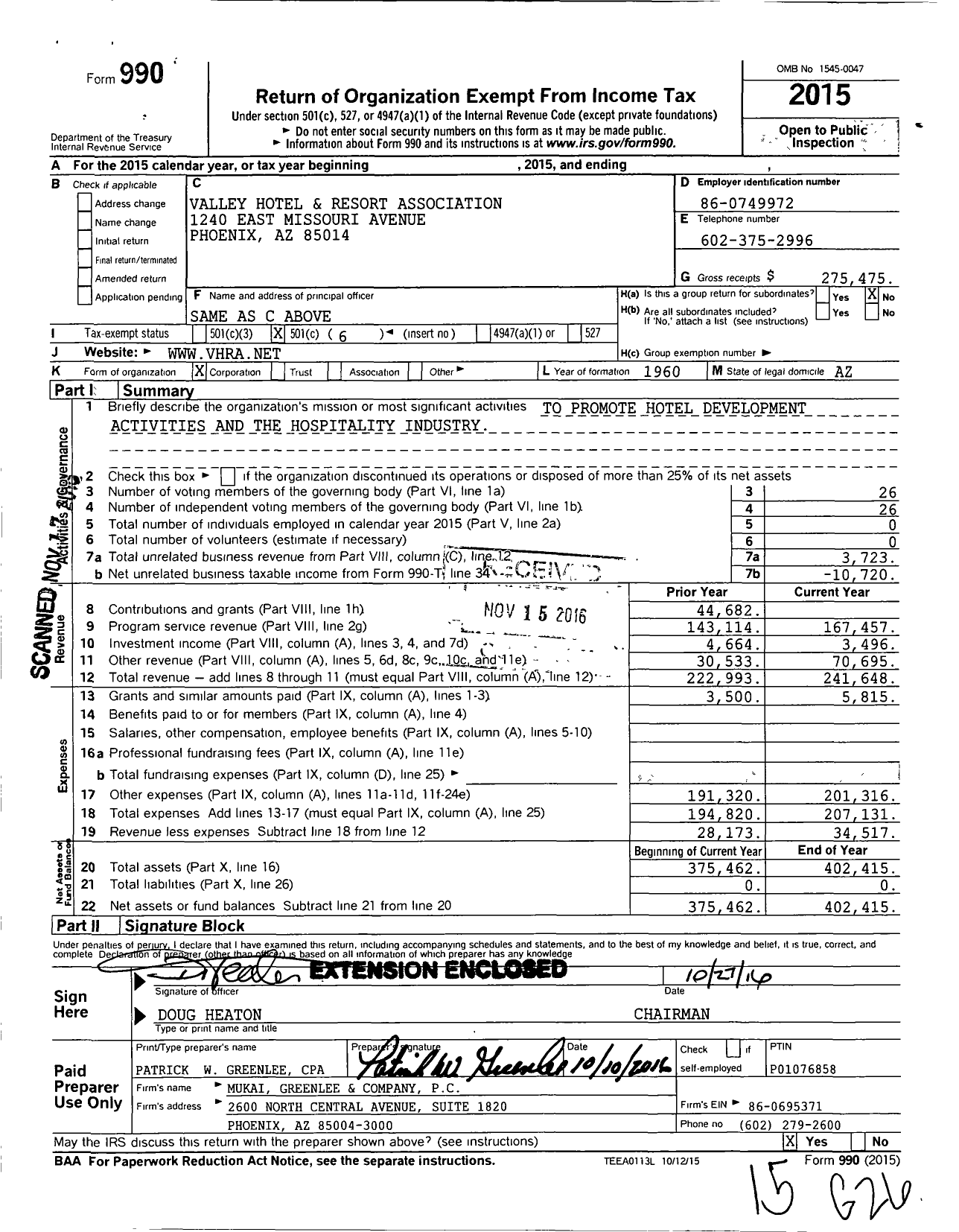 Image of first page of 2015 Form 990O for Valley Hotel and Resort Association