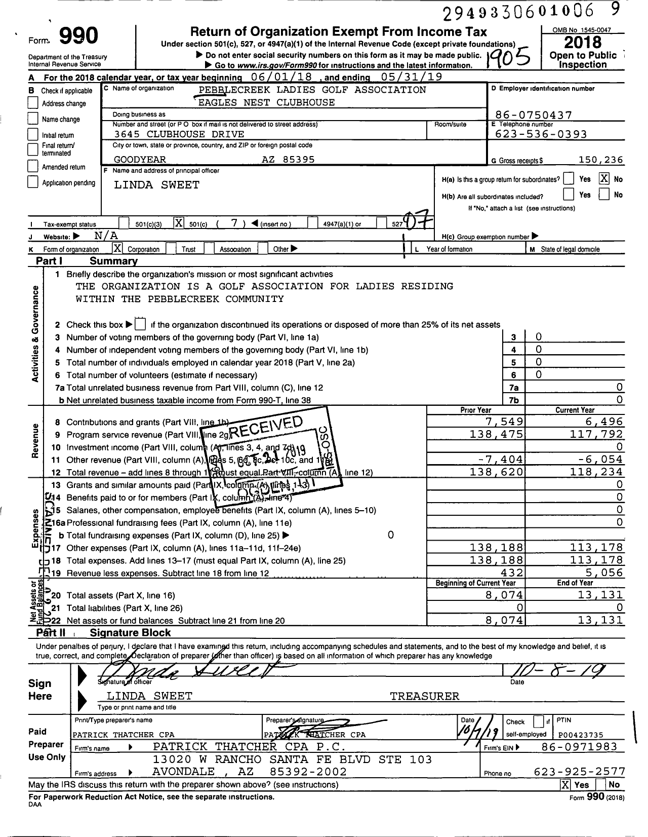 Image of first page of 2018 Form 990O for Pebblecreek Ladies Golf Association Eagles Nest Clubhouse