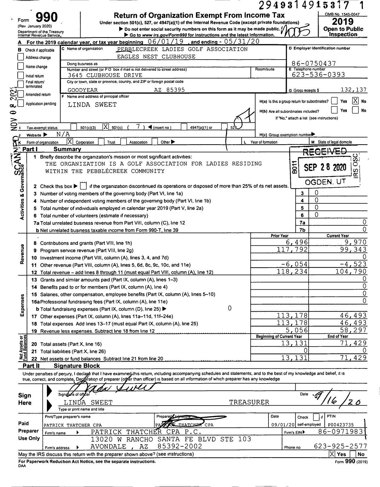 Image of first page of 2019 Form 990O for Pebblecreek Ladies Golf Association Eagles Nest Clubhouse