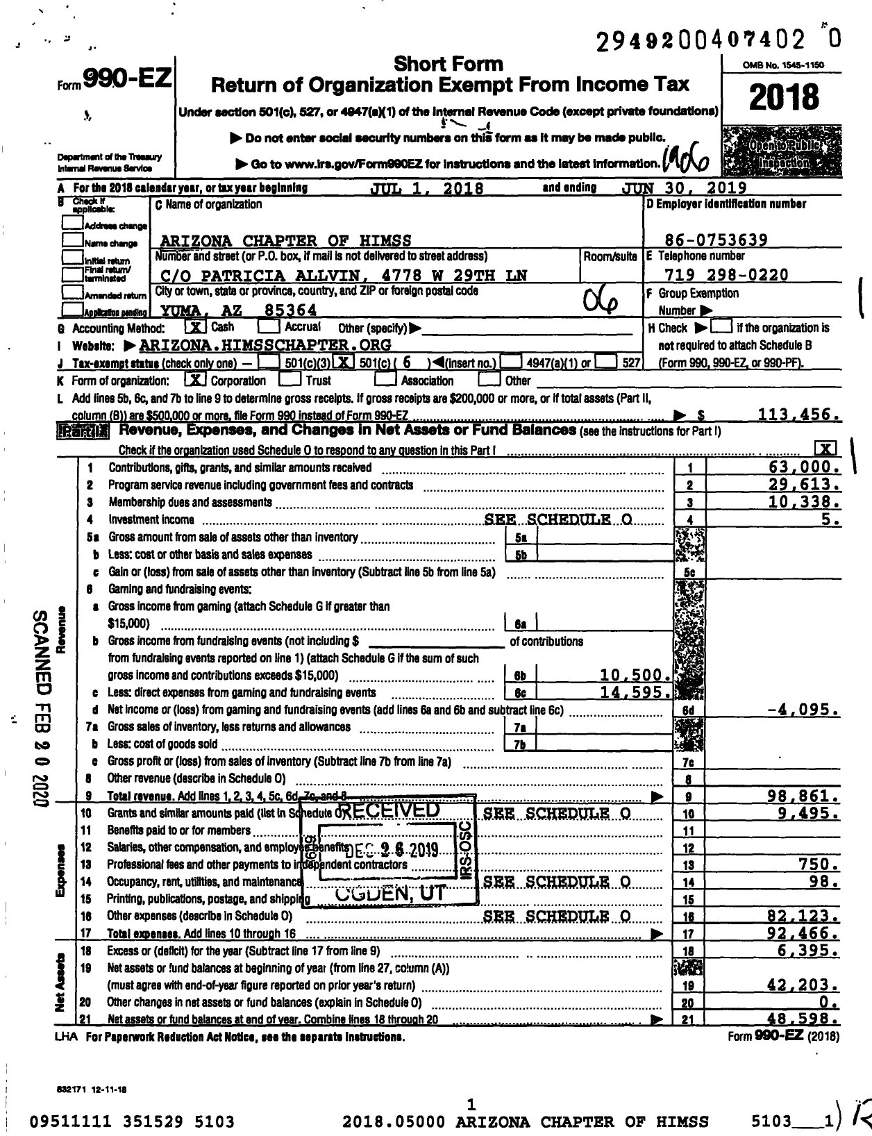 Image of first page of 2018 Form 990EO for Arizona Chapter of Himss