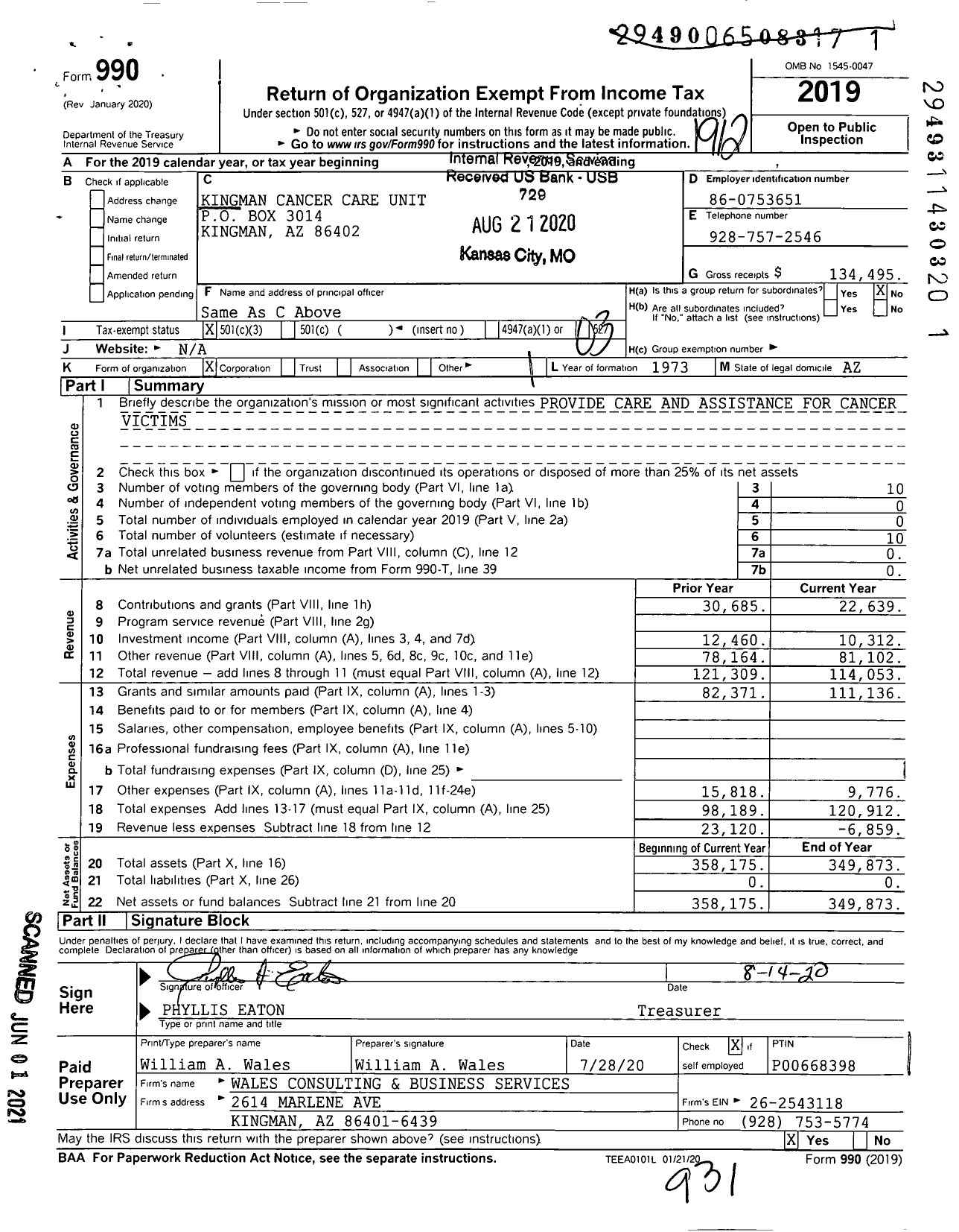 Image of first page of 2019 Form 990 for Kingman Cancer Care Unit