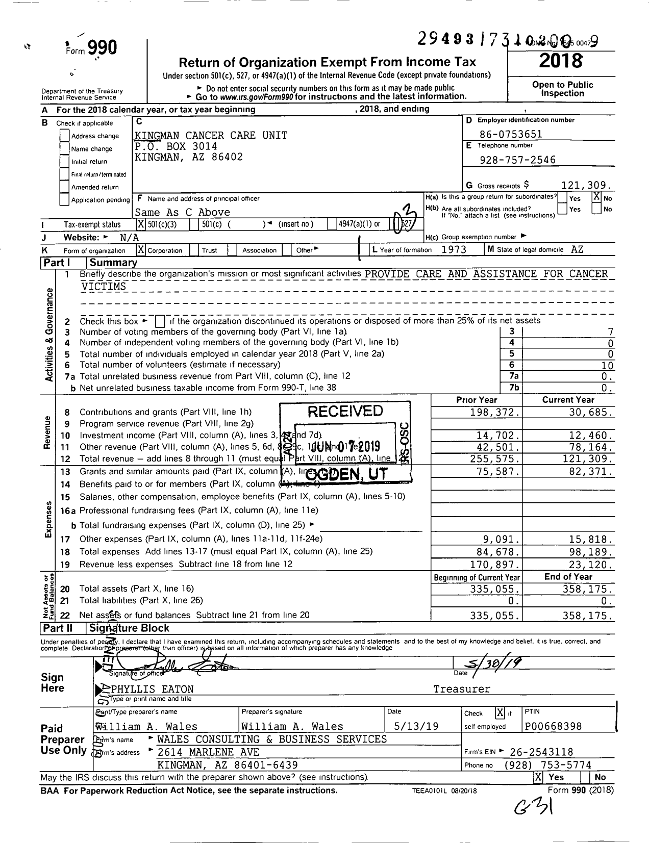 Image of first page of 2018 Form 990 for Kingman Cancer Care Unit