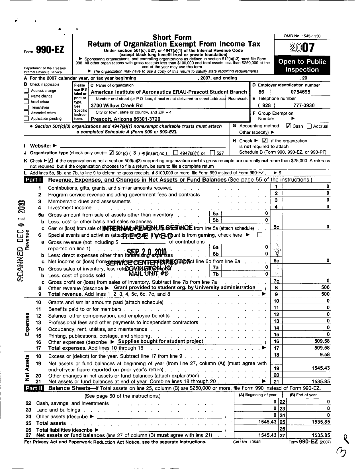 Image of first page of 2007 Form 990EZ for American Institute of Aeronautics and Astronautics / Erau-Prescott Student Branch