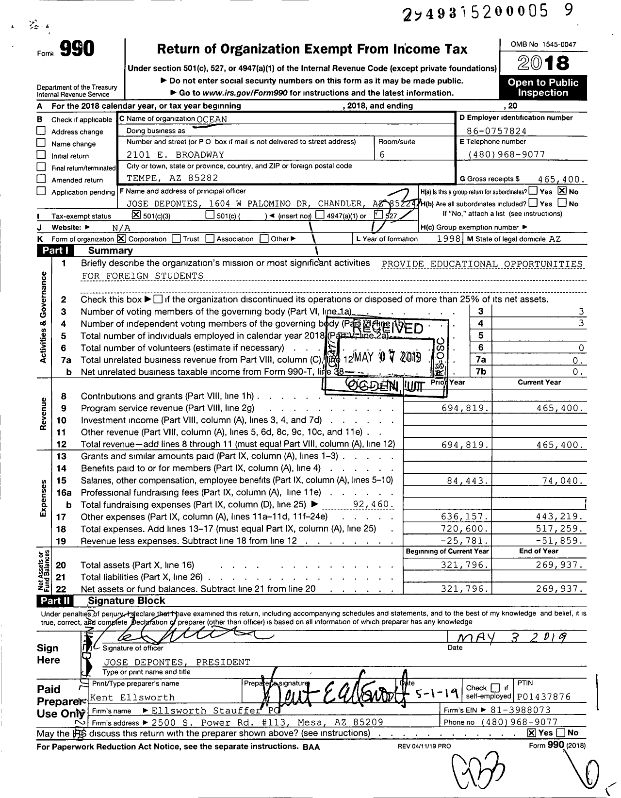 Image of first page of 2018 Form 990 for Ocean