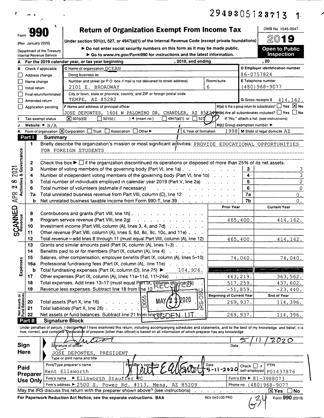 Image of first page of 2019 Form 990 for Ocean