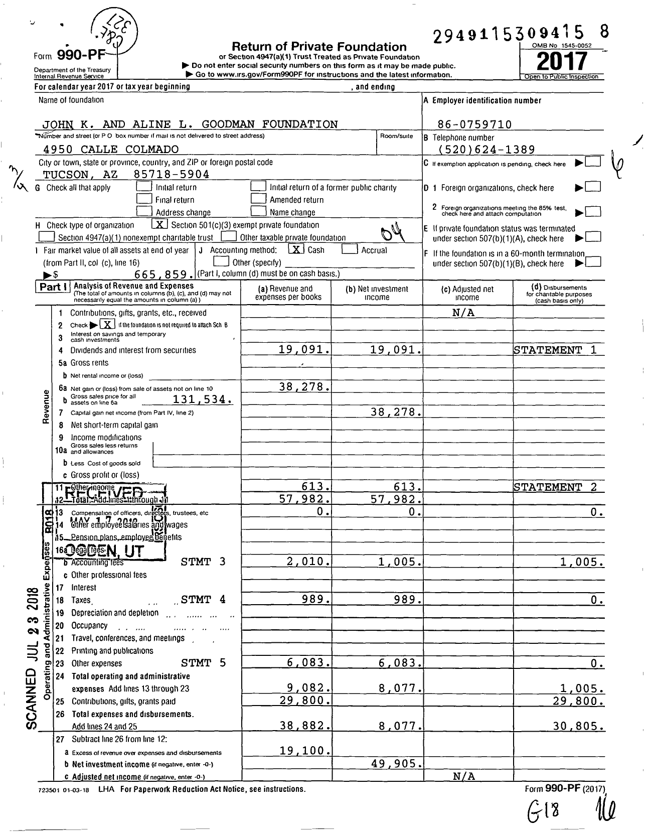 Image of first page of 2017 Form 990PF for John K and Aline L Goodman Foundation