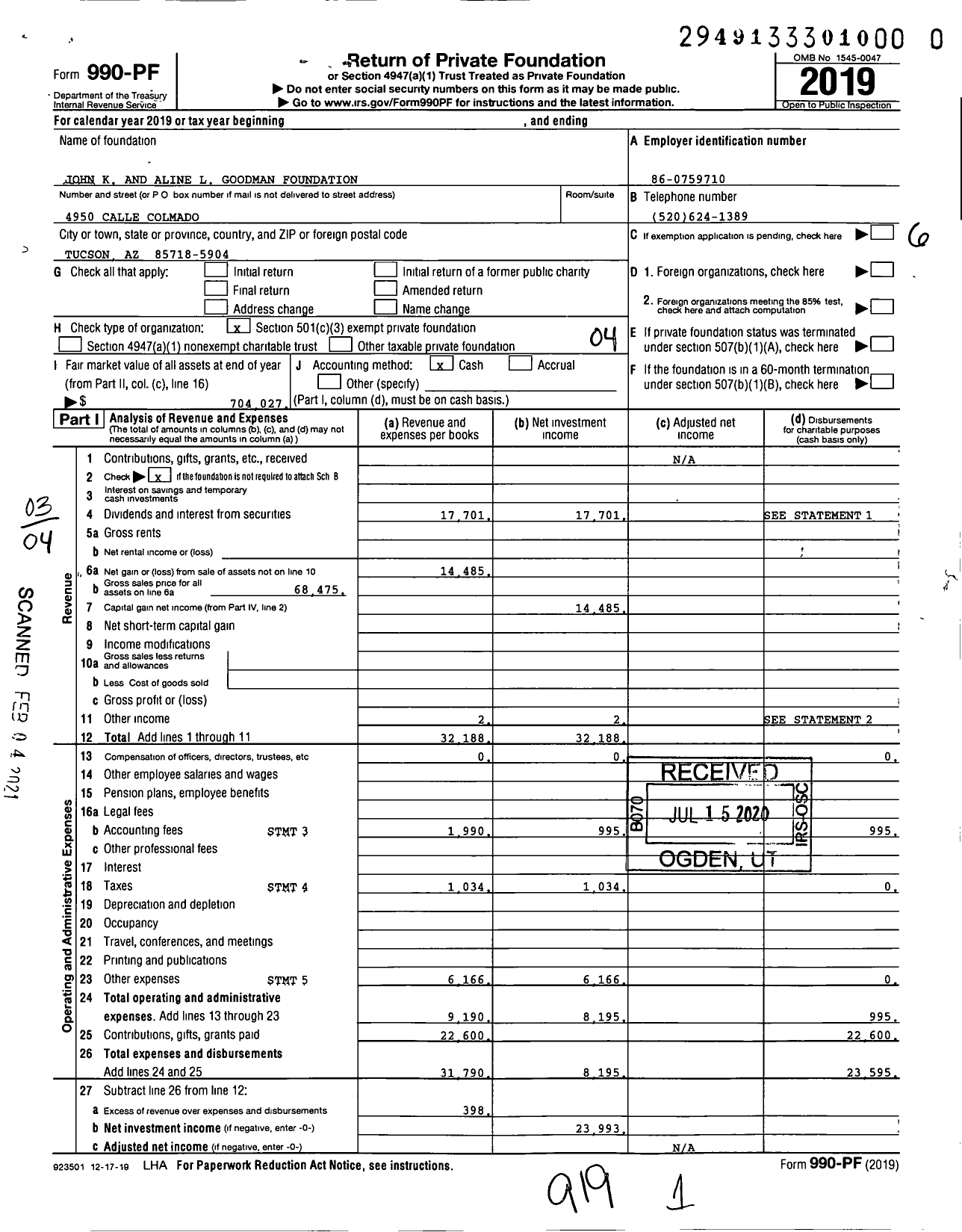 Image of first page of 2019 Form 990PF for John K and Aline L Goodman Foundation