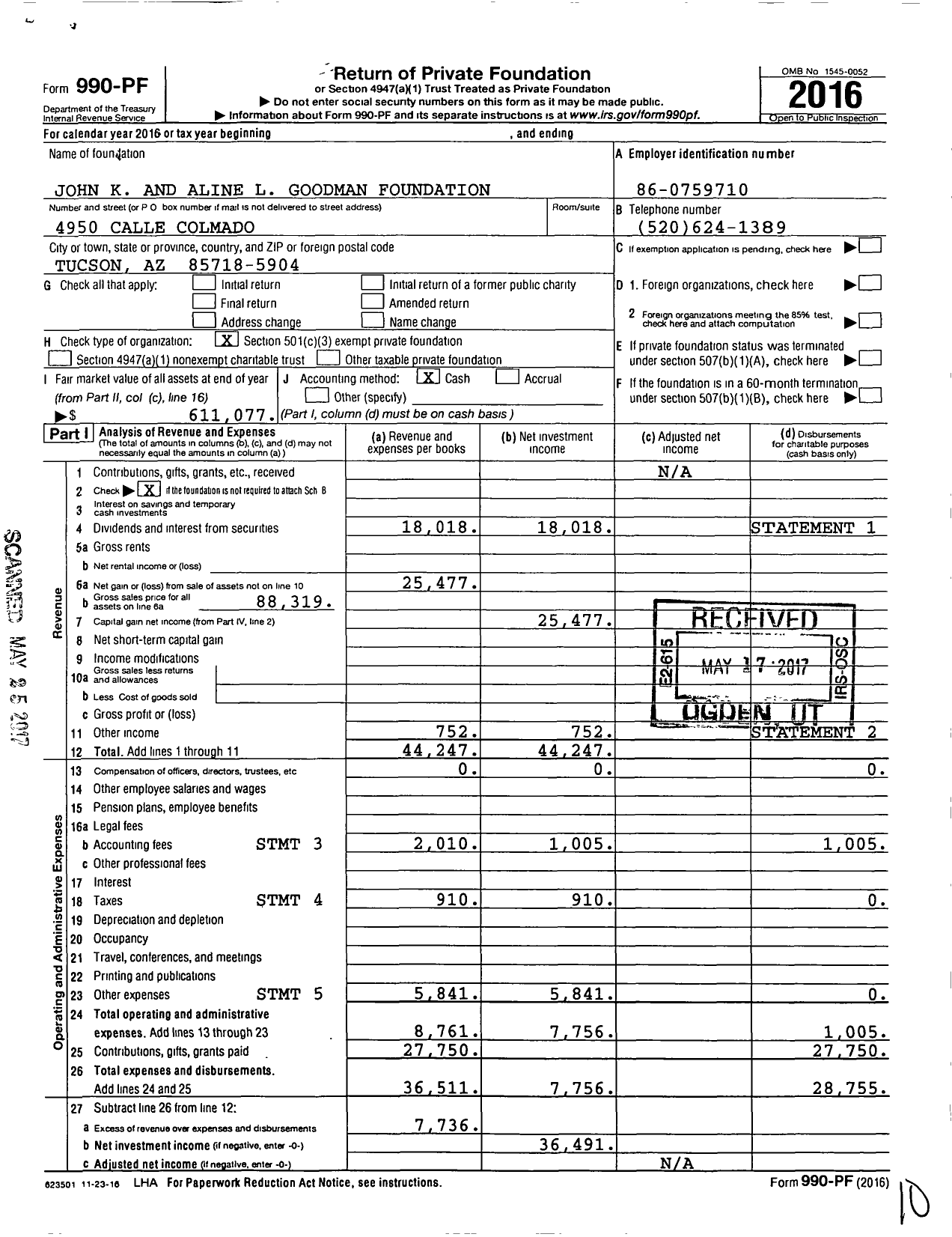 Image of first page of 2016 Form 990PF for John K and Aline L Goodman Foundation
