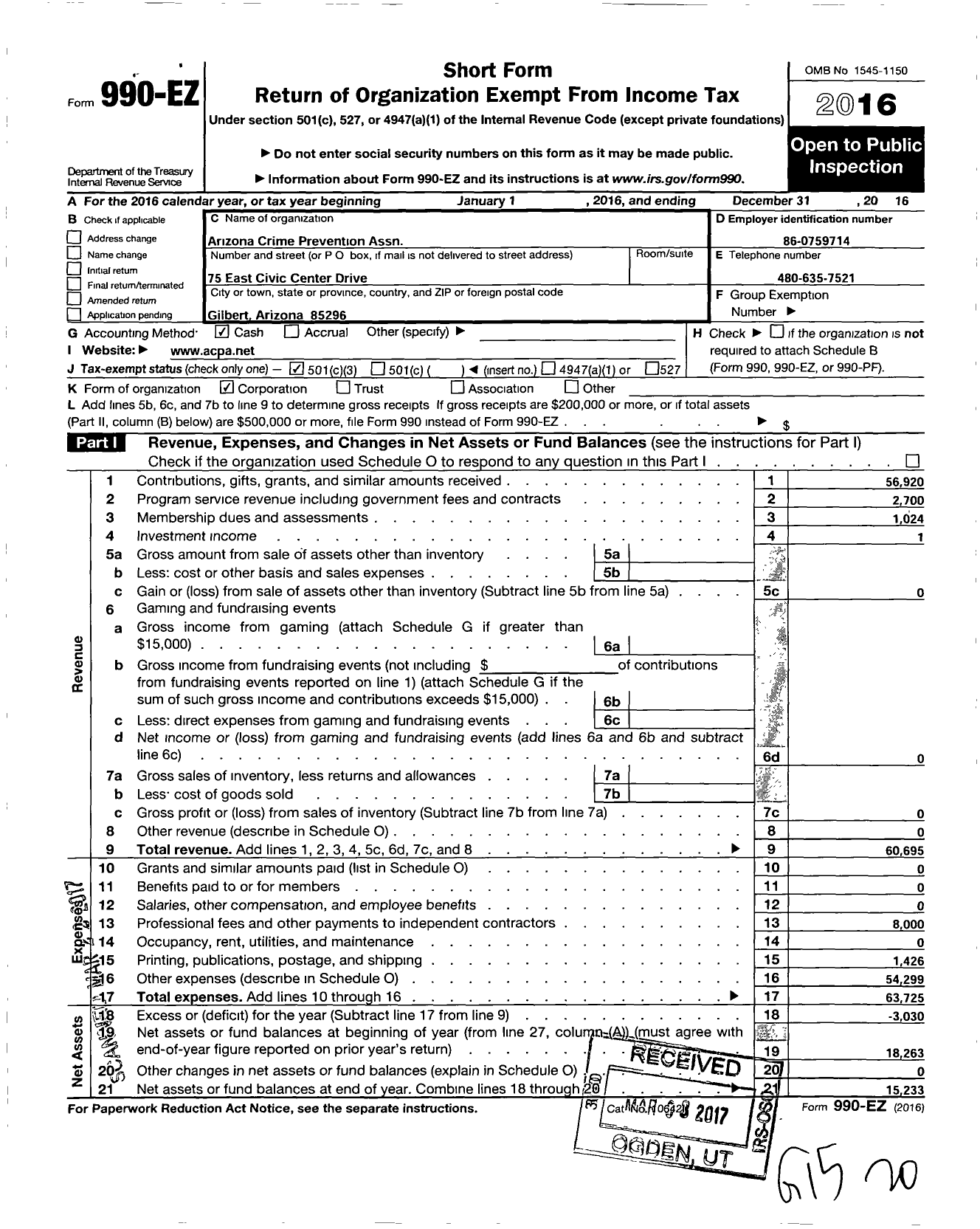 Image of first page of 2016 Form 990EZ for Arizona Crime Prevention Association