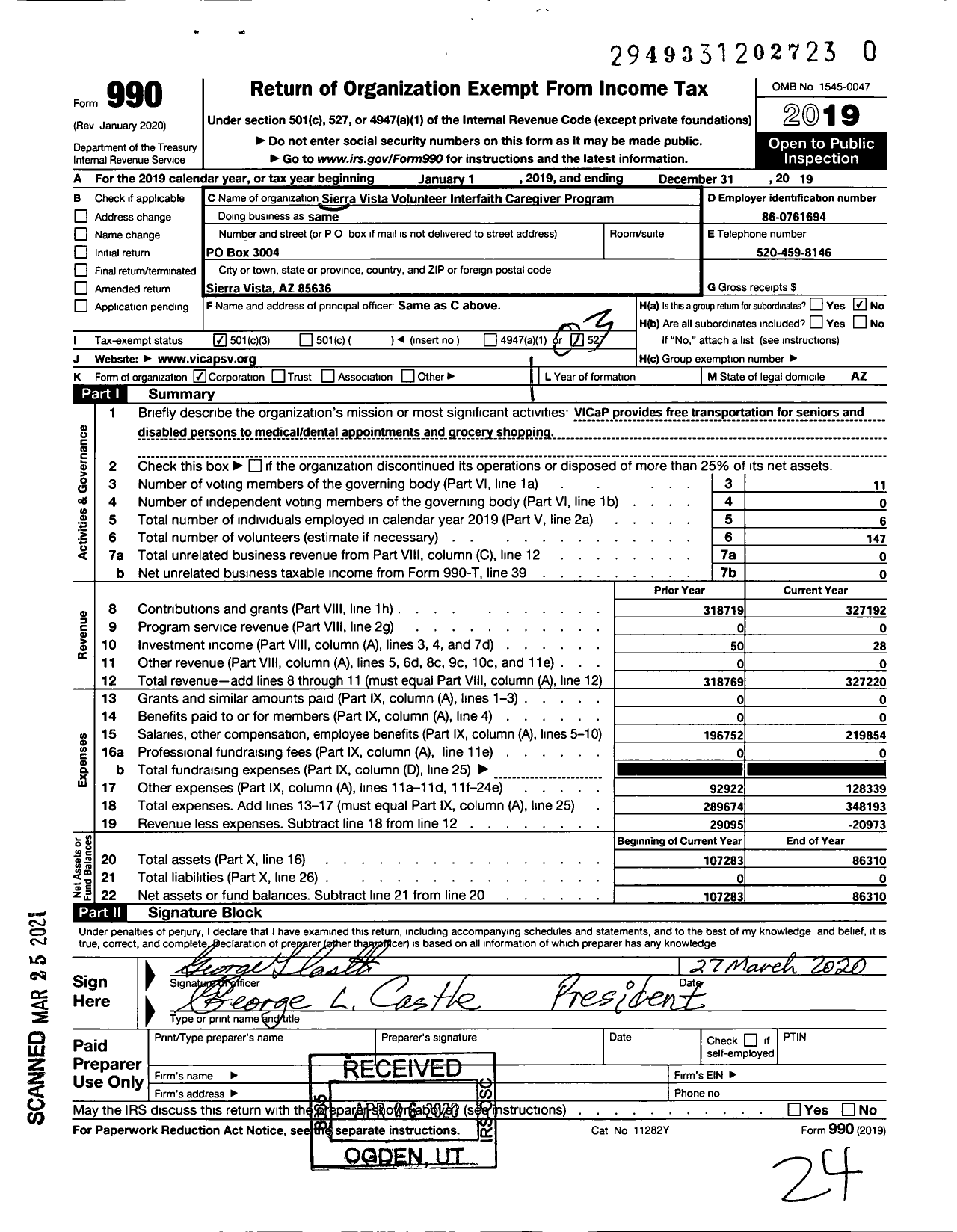 Image of first page of 2019 Form 990 for Sierra Vista Volunteer Interfaith Caregiver Program