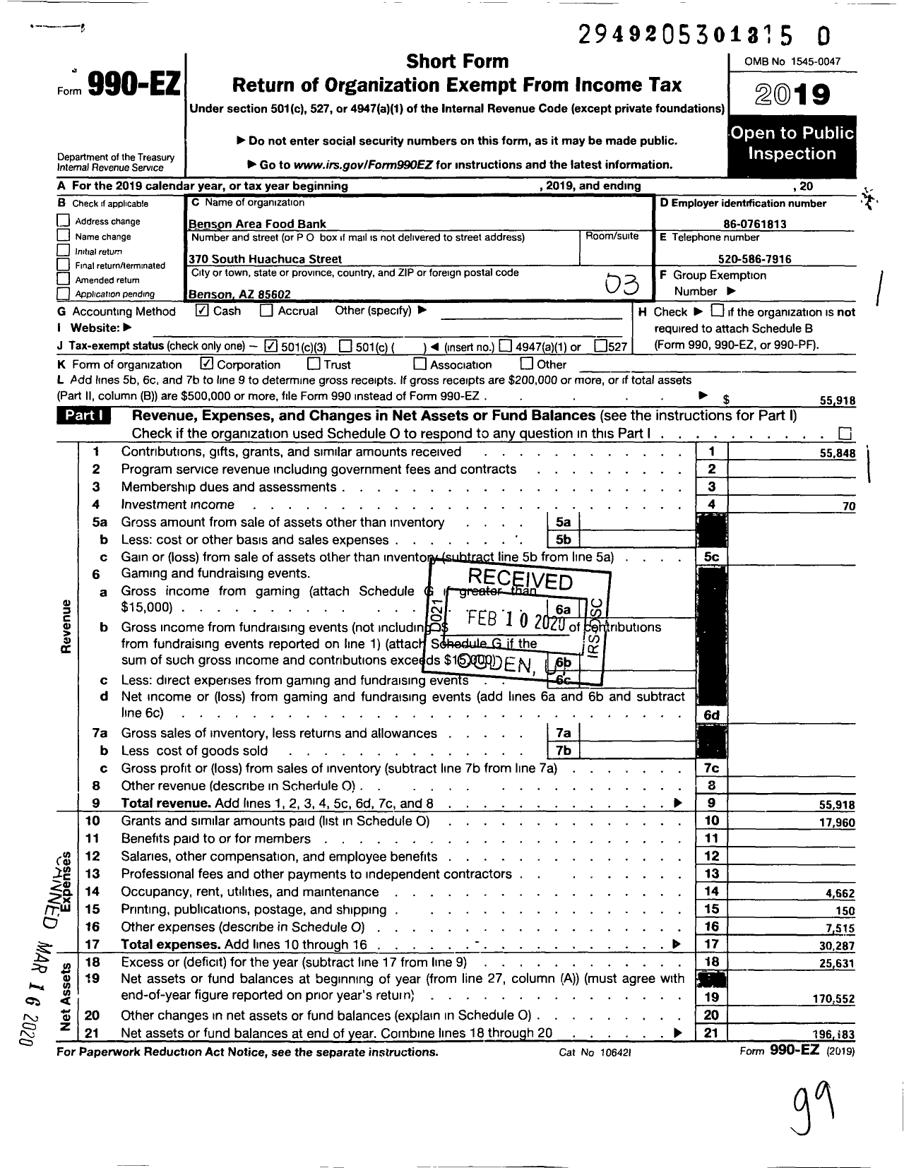 Image of first page of 2019 Form 990EZ for Benson Area Food Bank