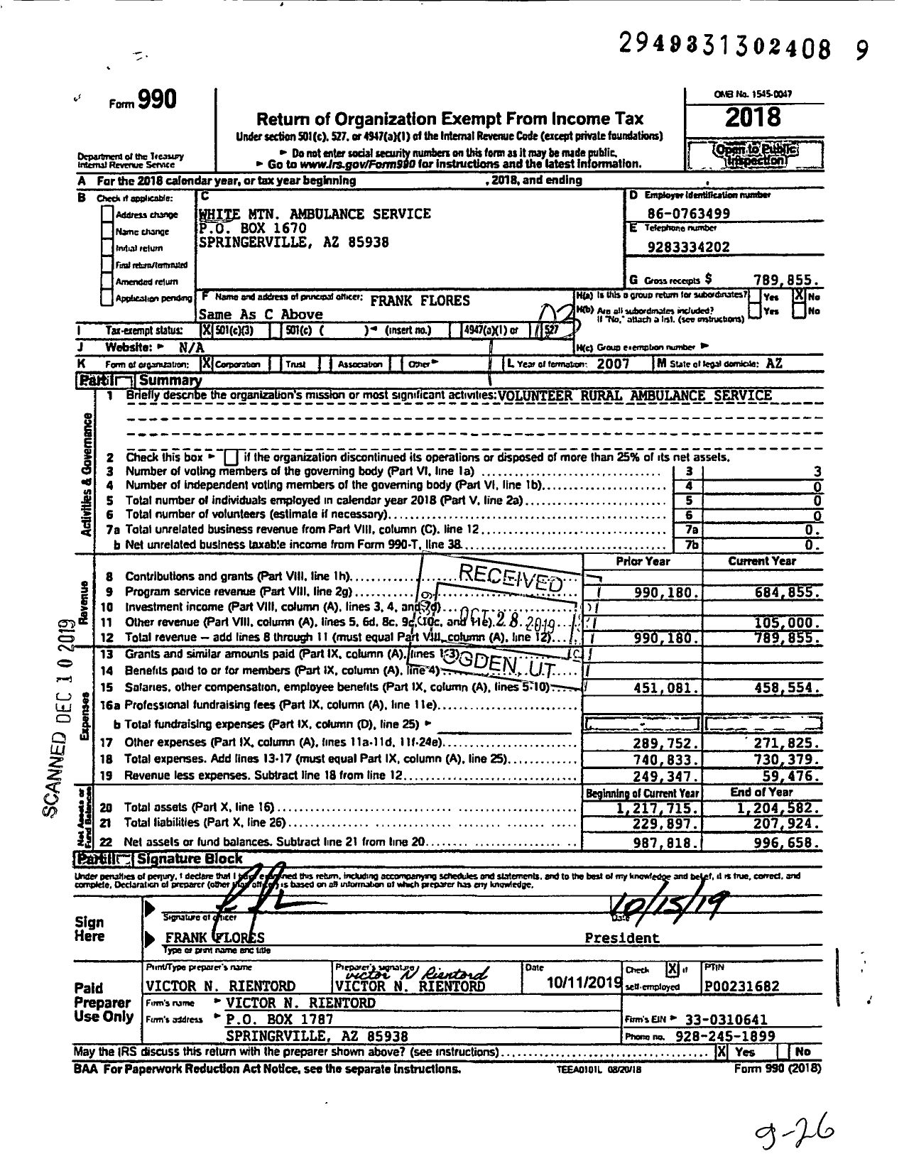Image of first page of 2018 Form 990 for White MTN Ambulance Service