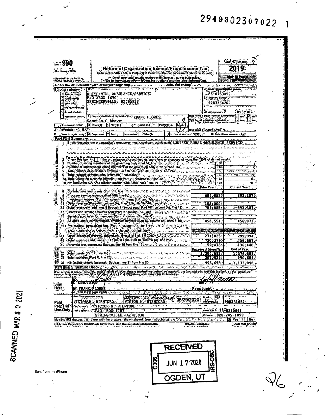 Image of first page of 2019 Form 990 for White MTN Ambulance Service