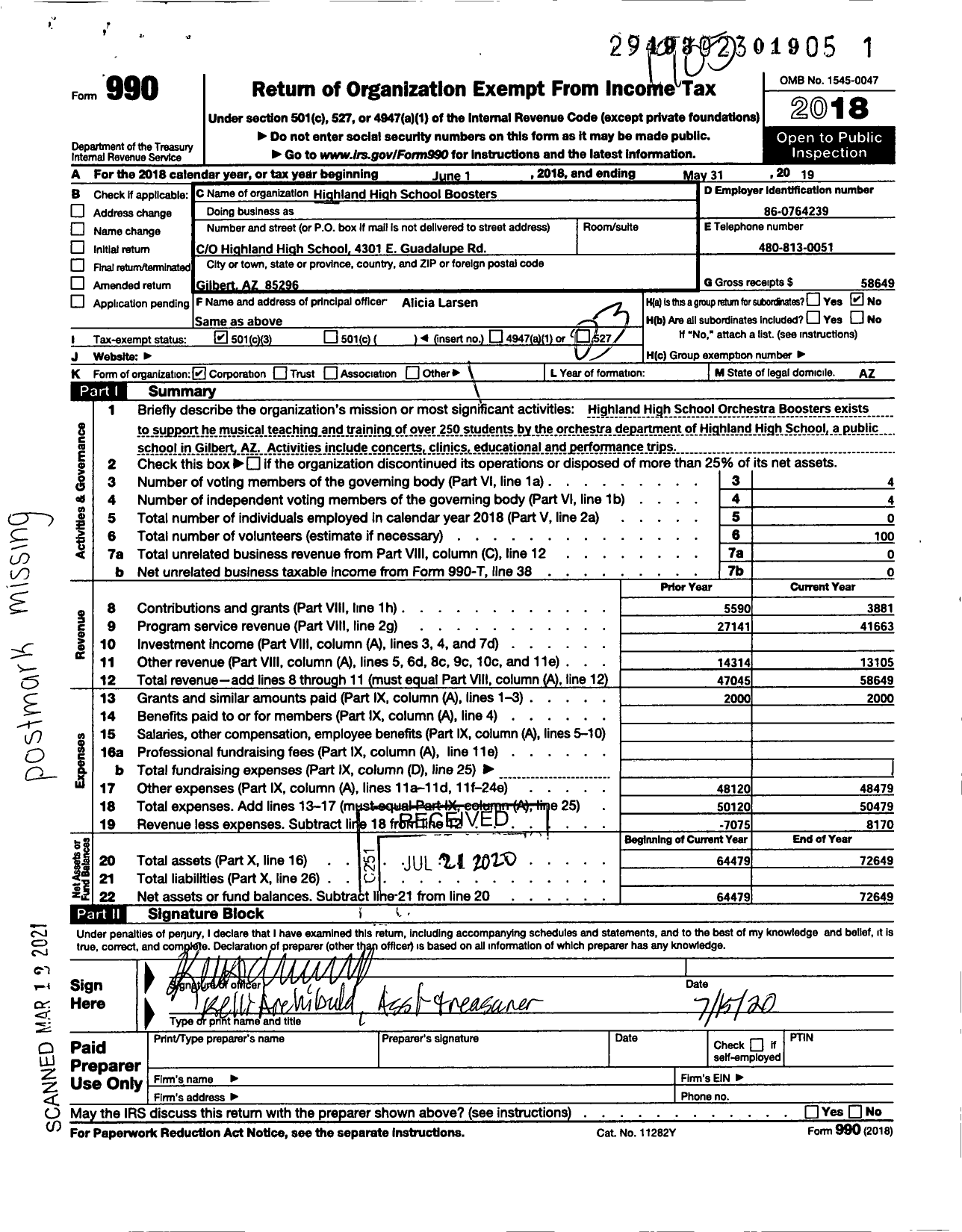 Image of first page of 2018 Form 990 for Highland High School Orchestra Boosters