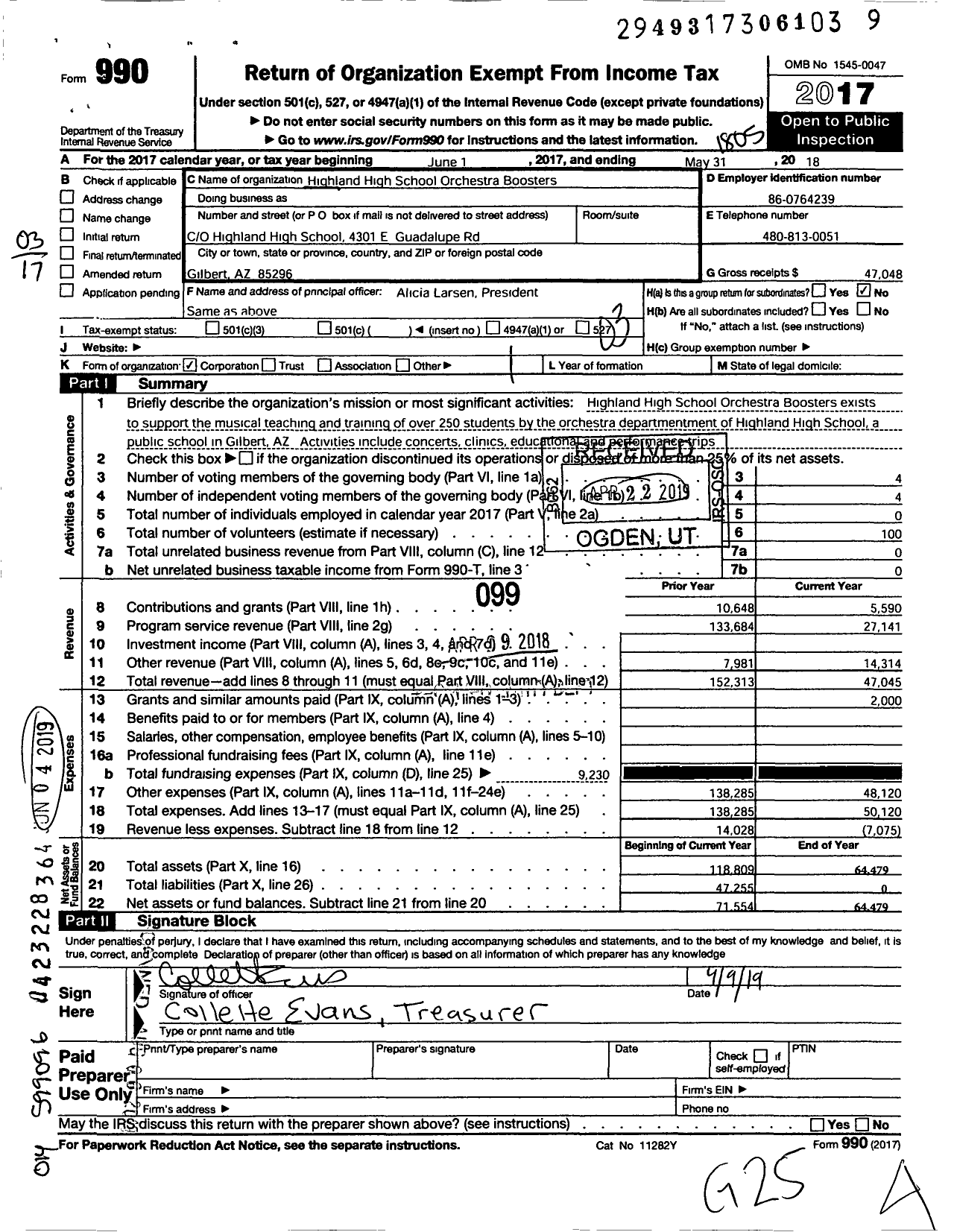 Image of first page of 2017 Form 990 for Highland High School Orchestra Boosters