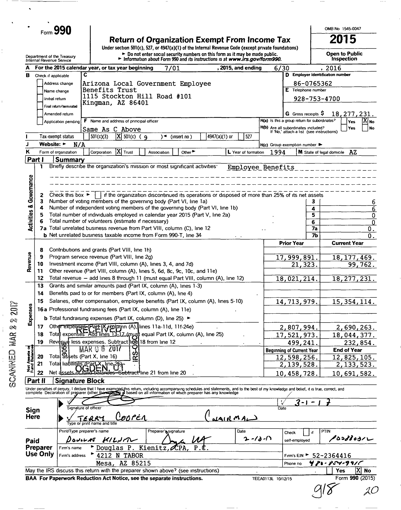 Image of first page of 2015 Form 990O for Arizona Local Government Employee Benefits Trust