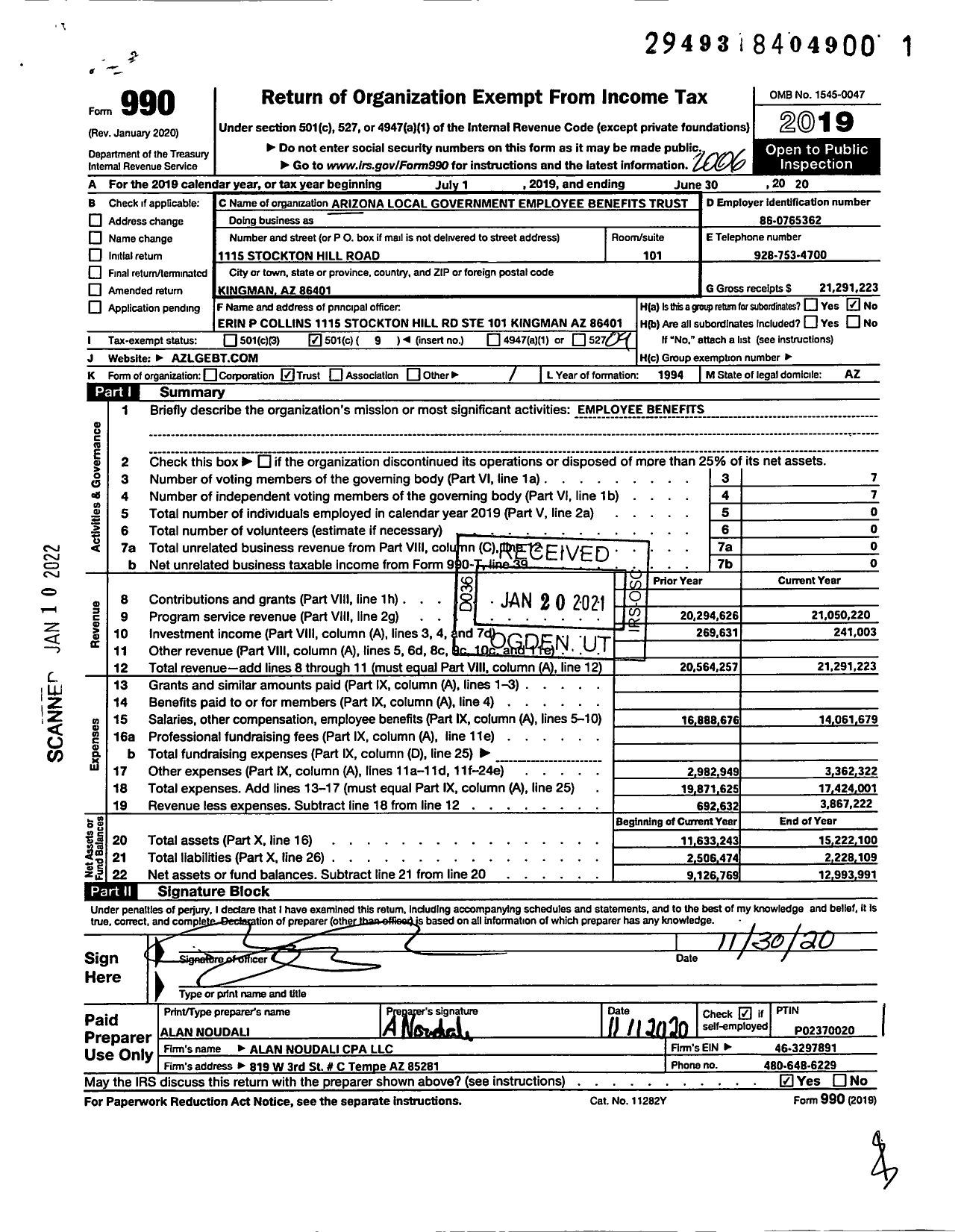 Image of first page of 2019 Form 990O for Arizona Local Government Employee Benefits Trust