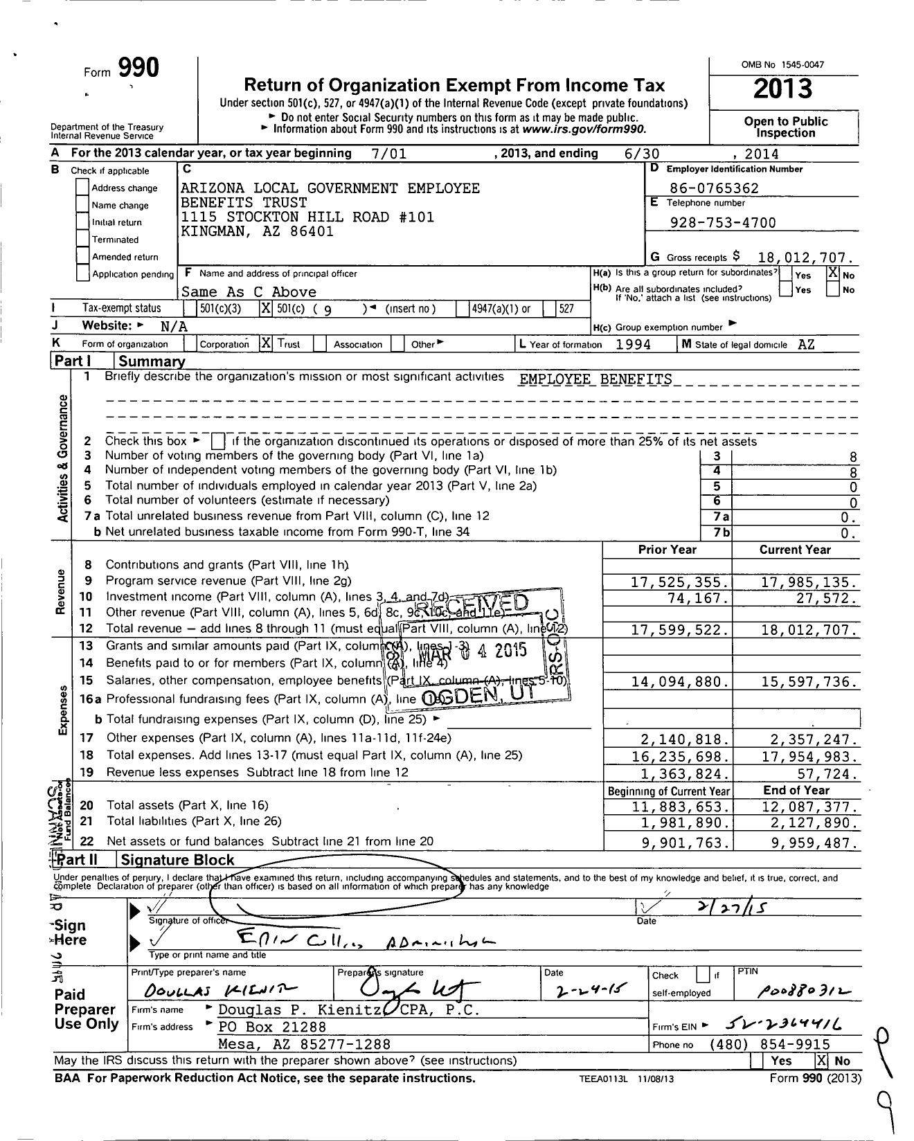 Image of first page of 2013 Form 990O for Arizona Local Government Employee Benefits Trust