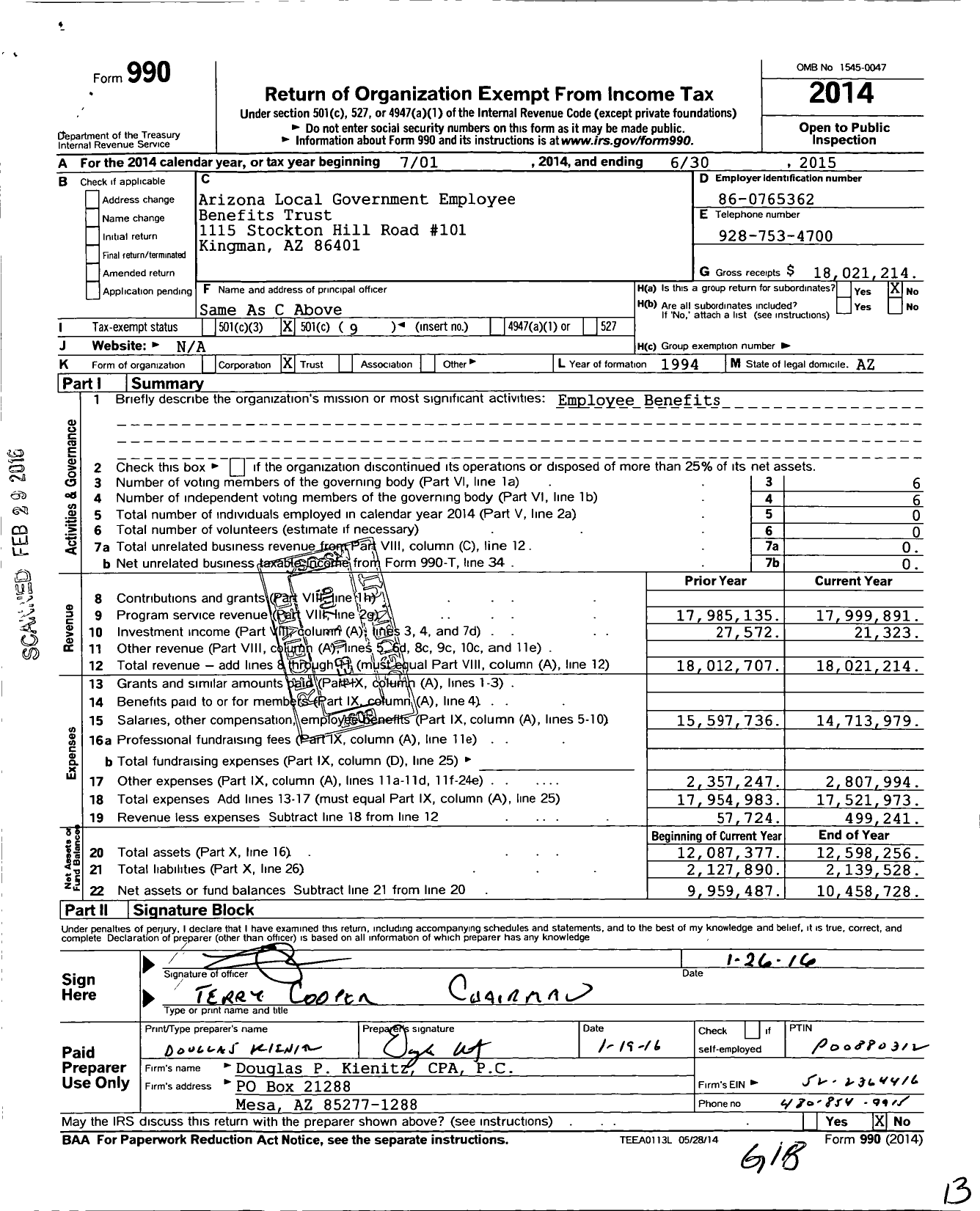 Image of first page of 2014 Form 990O for Arizona Local Government Employee Benefits Trust