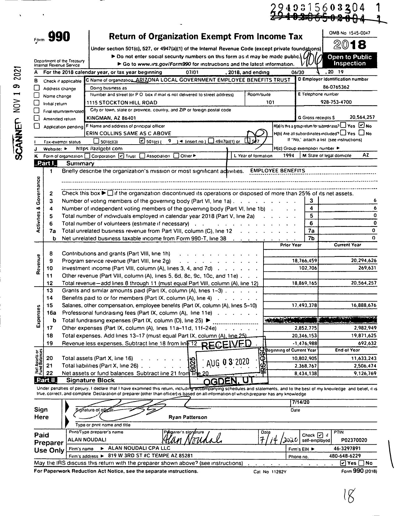 Image of first page of 2018 Form 990O for Arizona Local Government Employee Benefits Trust