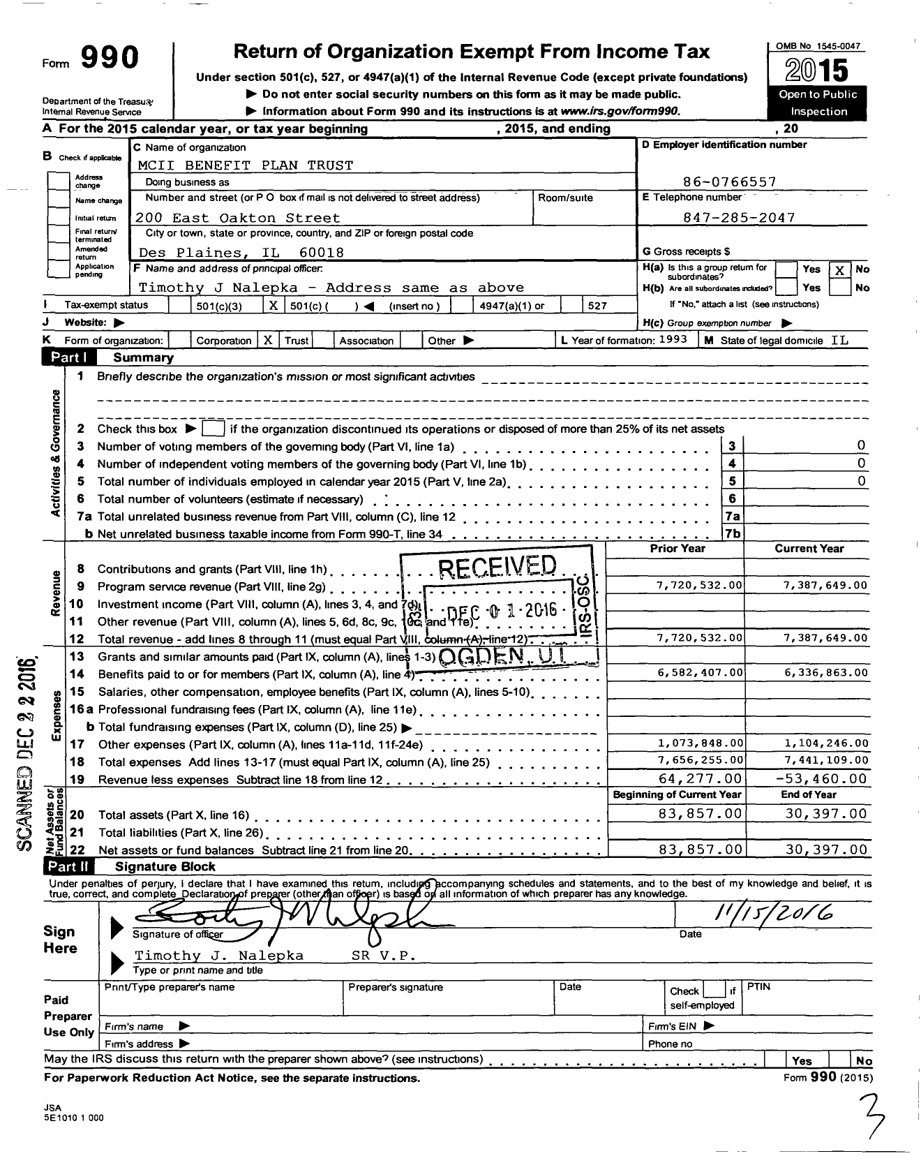 Image of first page of 2015 Form 990O for MCII Benefit Plans Trust