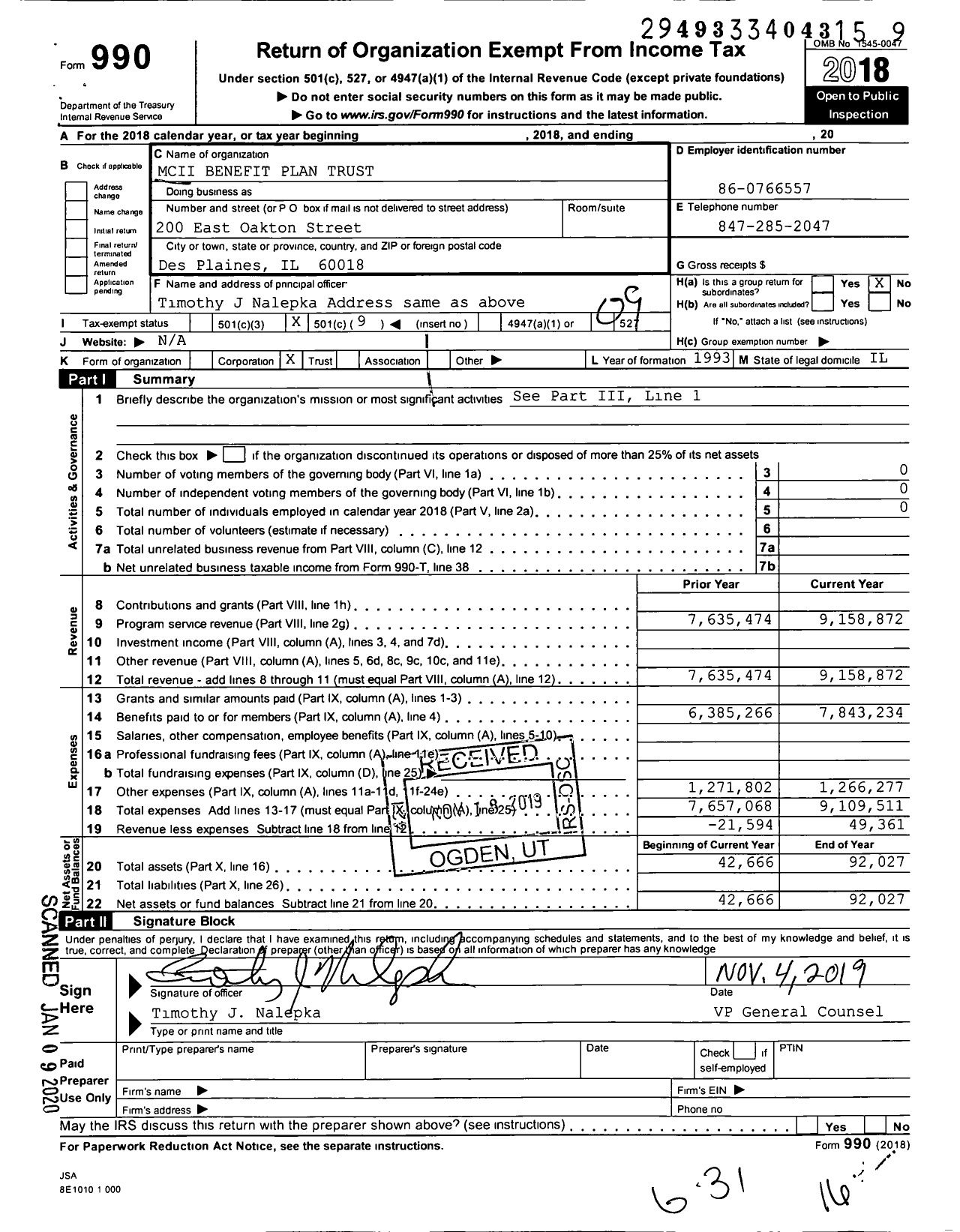 Image of first page of 2018 Form 990O for MCII Benefit Plans Trust