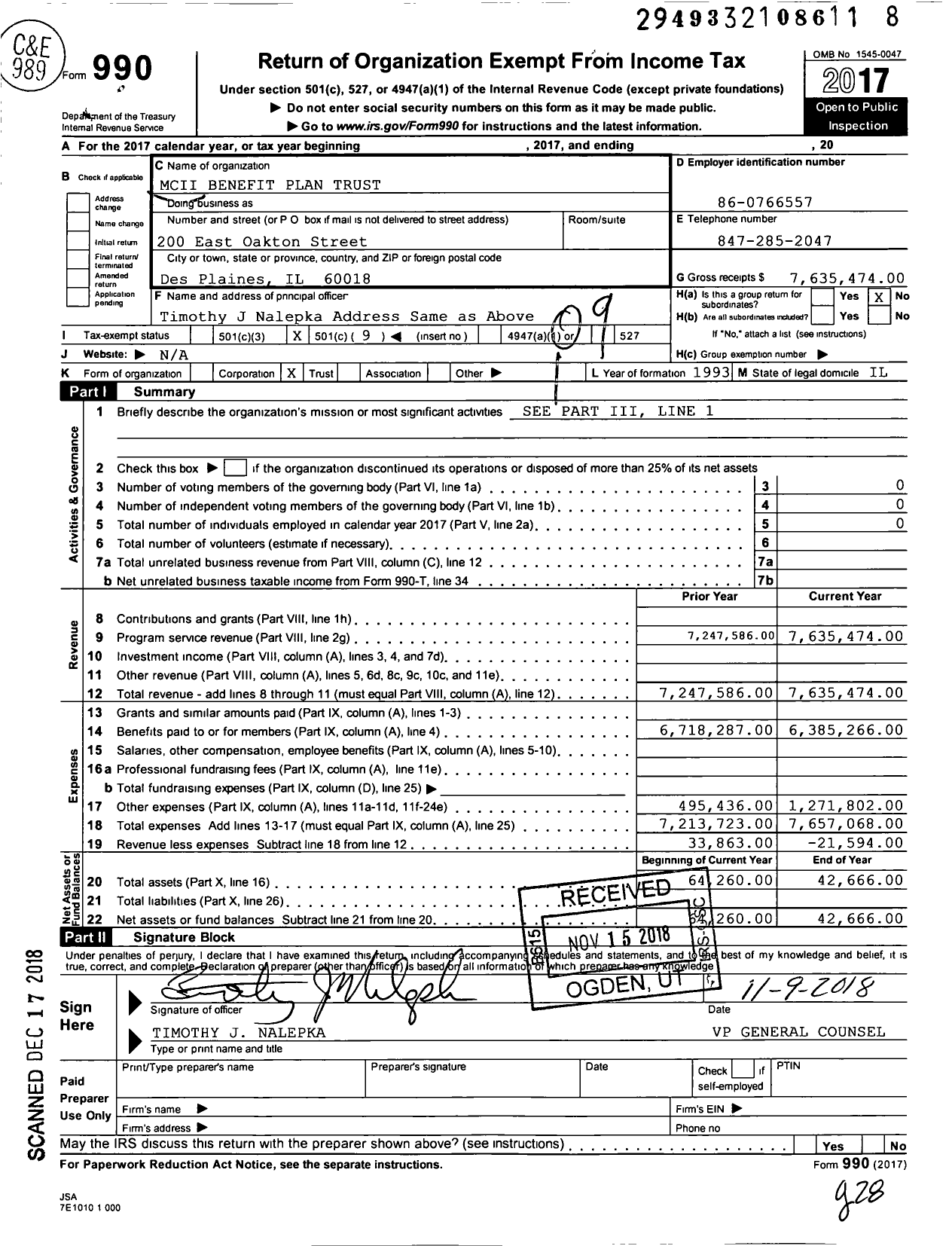 Image of first page of 2017 Form 990O for MCII Benefit Plans Trust