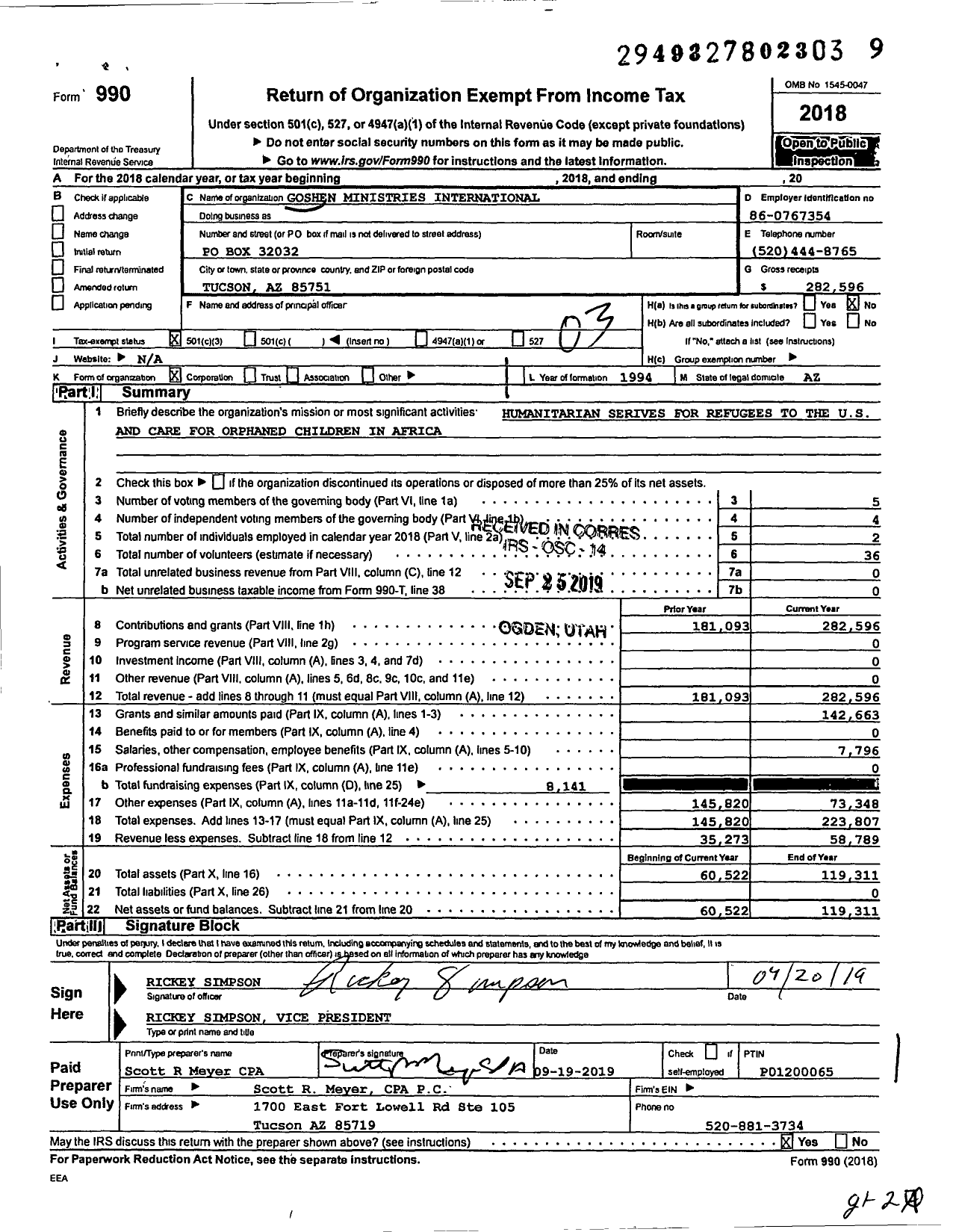 Image of first page of 2018 Form 990 for Goshen Ministries International