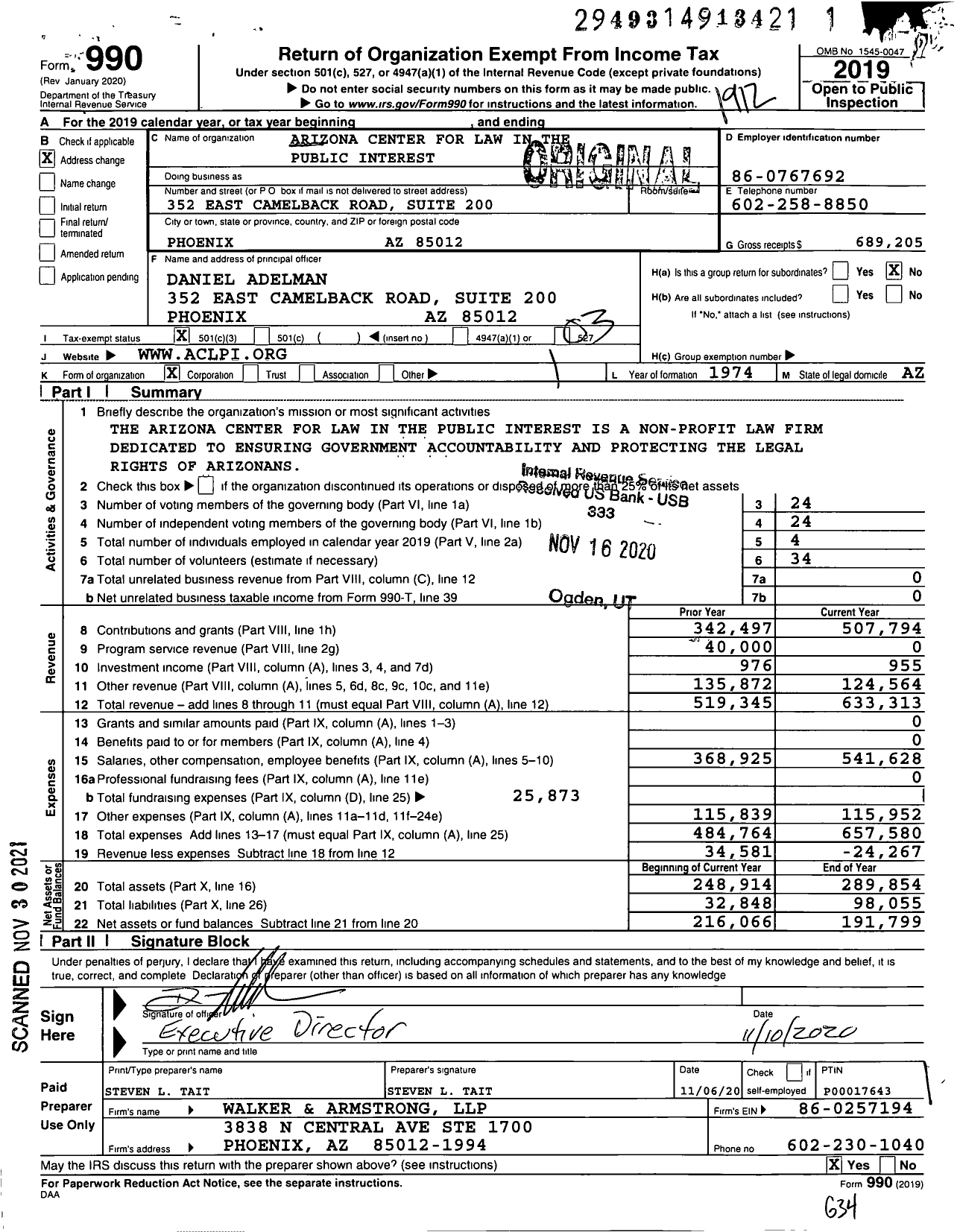 Image of first page of 2019 Form 990 for Arizona Center for Law in the Public Interest