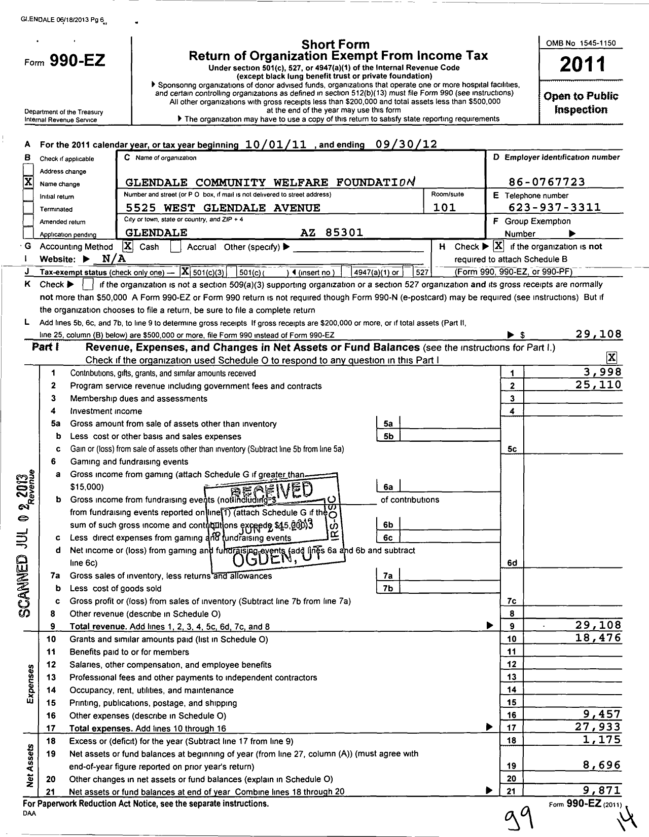 Image of first page of 2011 Form 990EZ for Southwest District Kiwanis Foundation / Glendale Community Welfare Fndtn