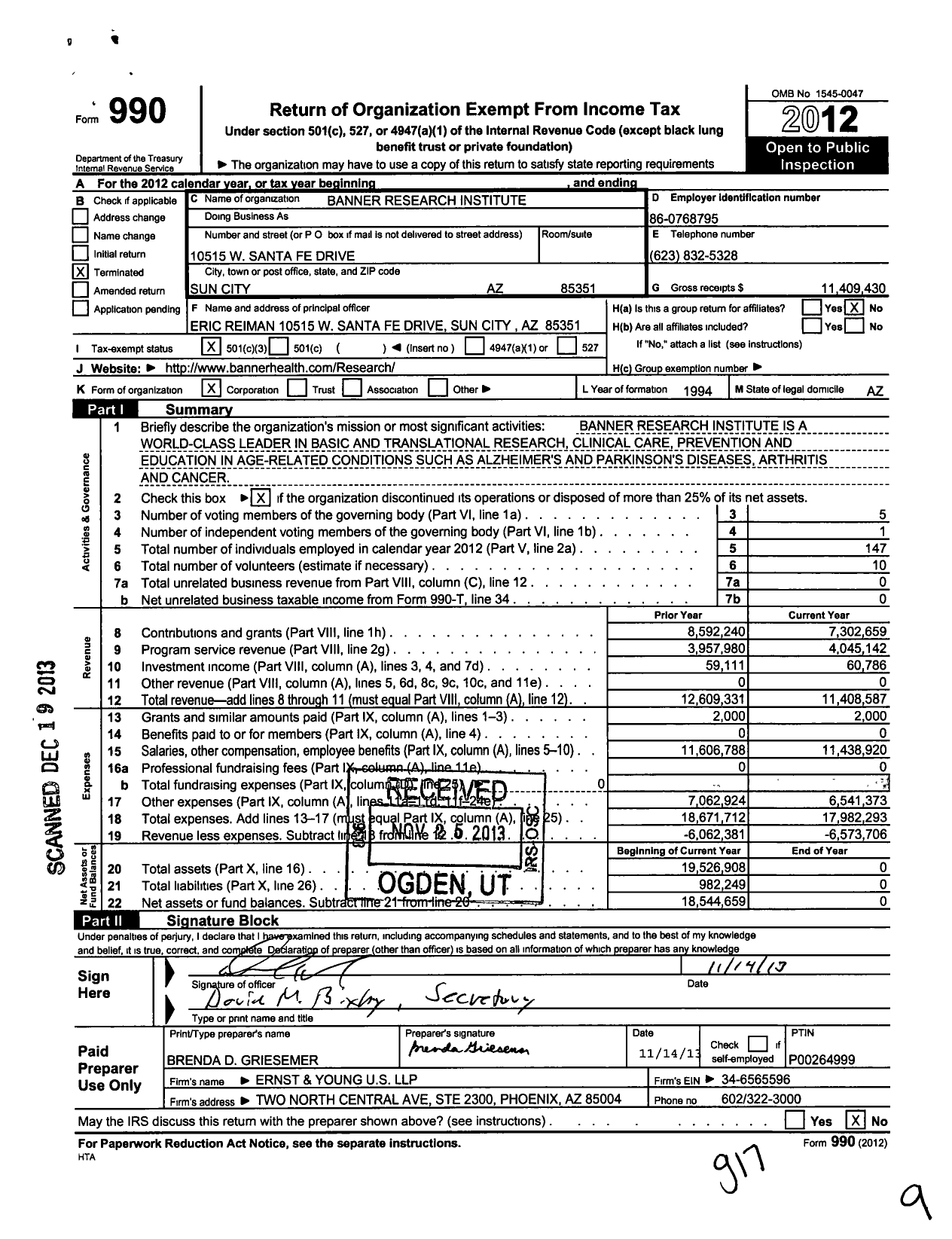 Image of first page of 2012 Form 990 for Sun Health Research Institute