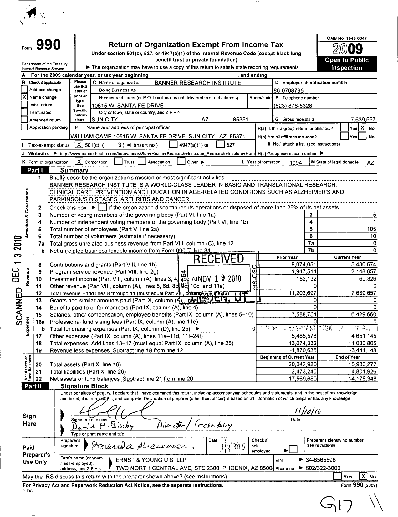 Image of first page of 2009 Form 990 for Sun Health Research Institute