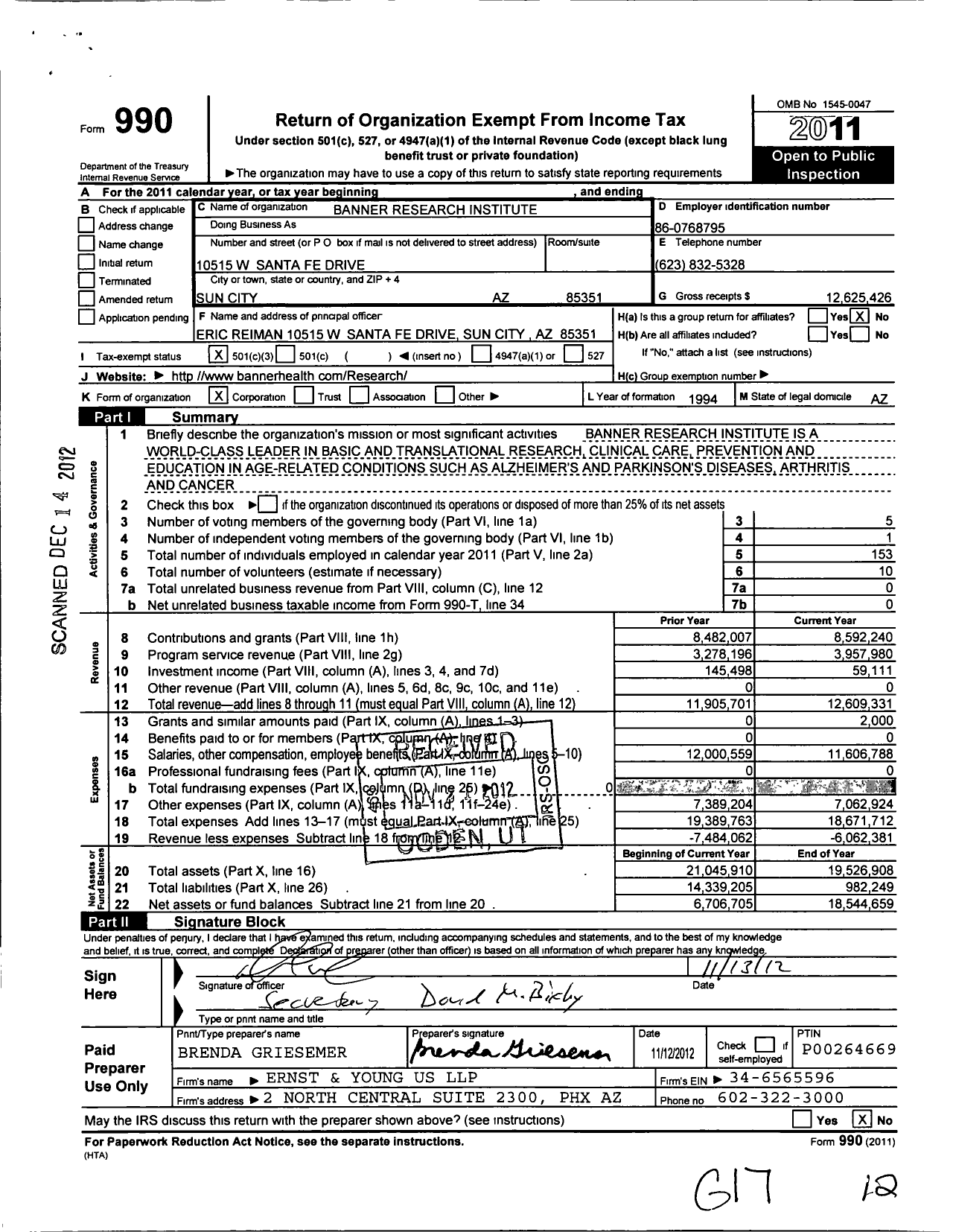 Image of first page of 2011 Form 990 for Sun Health Research Institute
