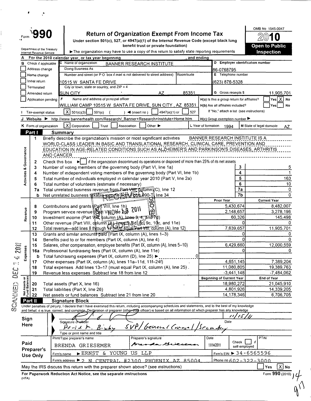 Image of first page of 2010 Form 990 for Sun Health Research Institute