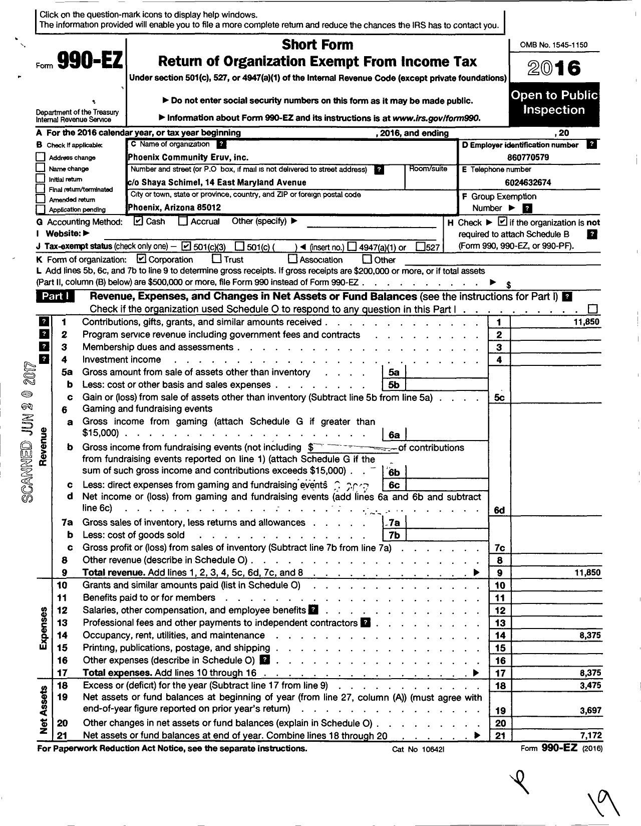 Image of first page of 2016 Form 990EZ for Phoenix Community Eruv