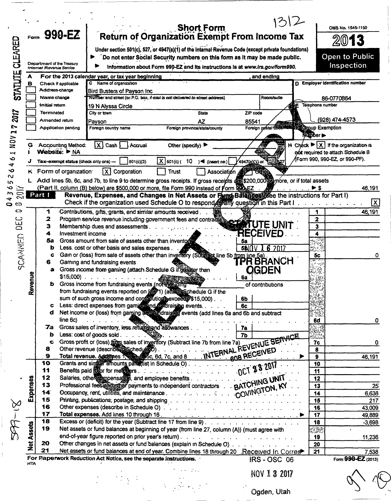 Image of first page of 2013 Form 990EO for Bird Busters of Payson