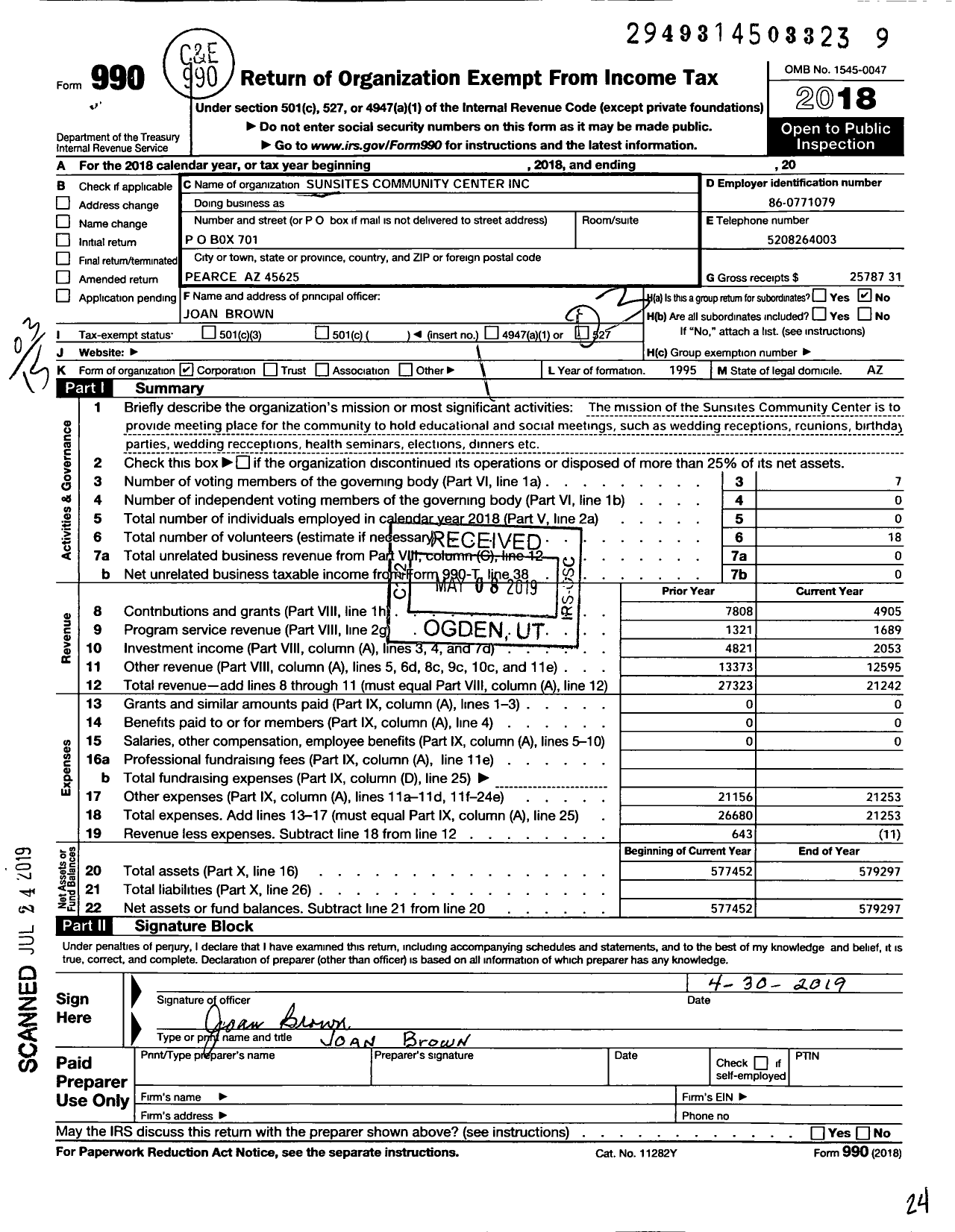 Image of first page of 2018 Form 990 for Sunsites Community Center