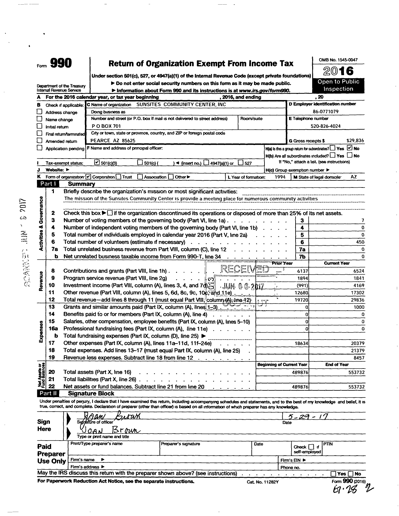 Image of first page of 2016 Form 990 for Sunsites Community Center